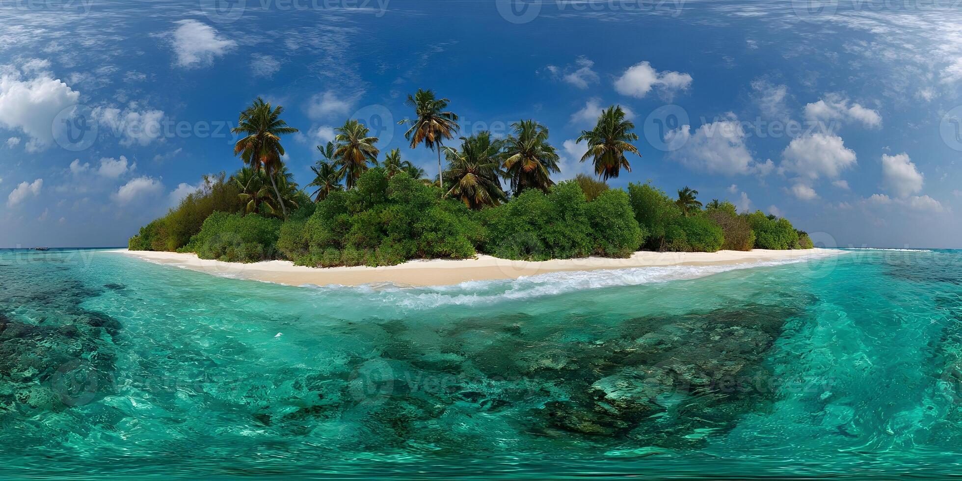 Tropical Island Paradise Beach Ocean Scene Palm Trees White Sand Turquoise Water 360 Panorama photo