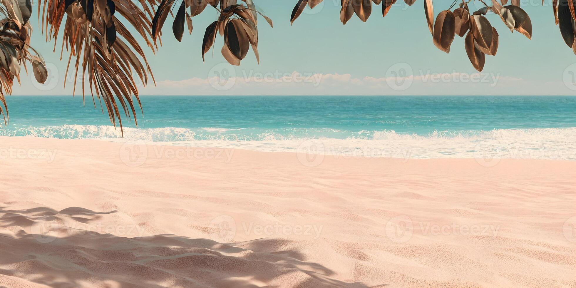 Tropical Beach Scene Calm Ocean Waves Sandy Shore Palm Leaves Overhead View photo