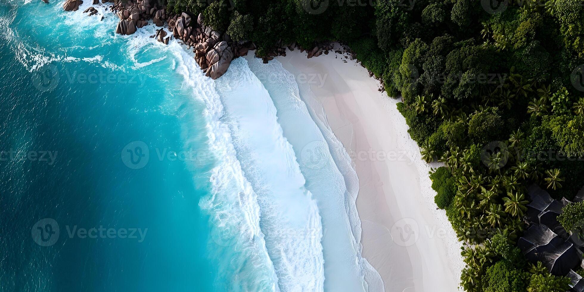 Aerial View Tropical Island Beach Turquoise Ocean Waves White Sand Lush Greenery photo