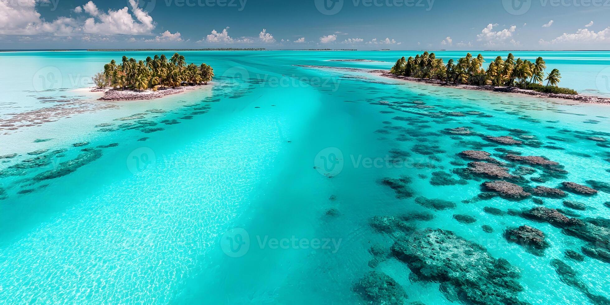 Aerial view of two tropical islands with palm trees and turquoise water photo