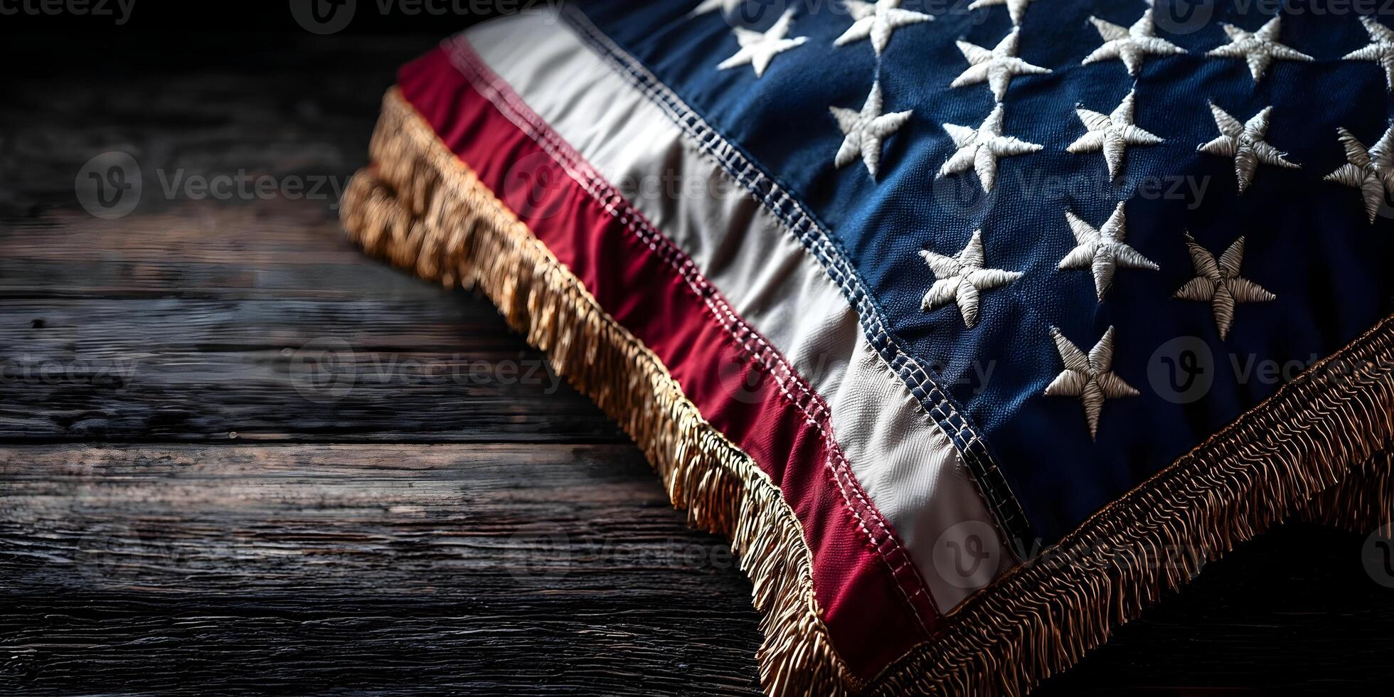 an american flag on a wooden table photo
