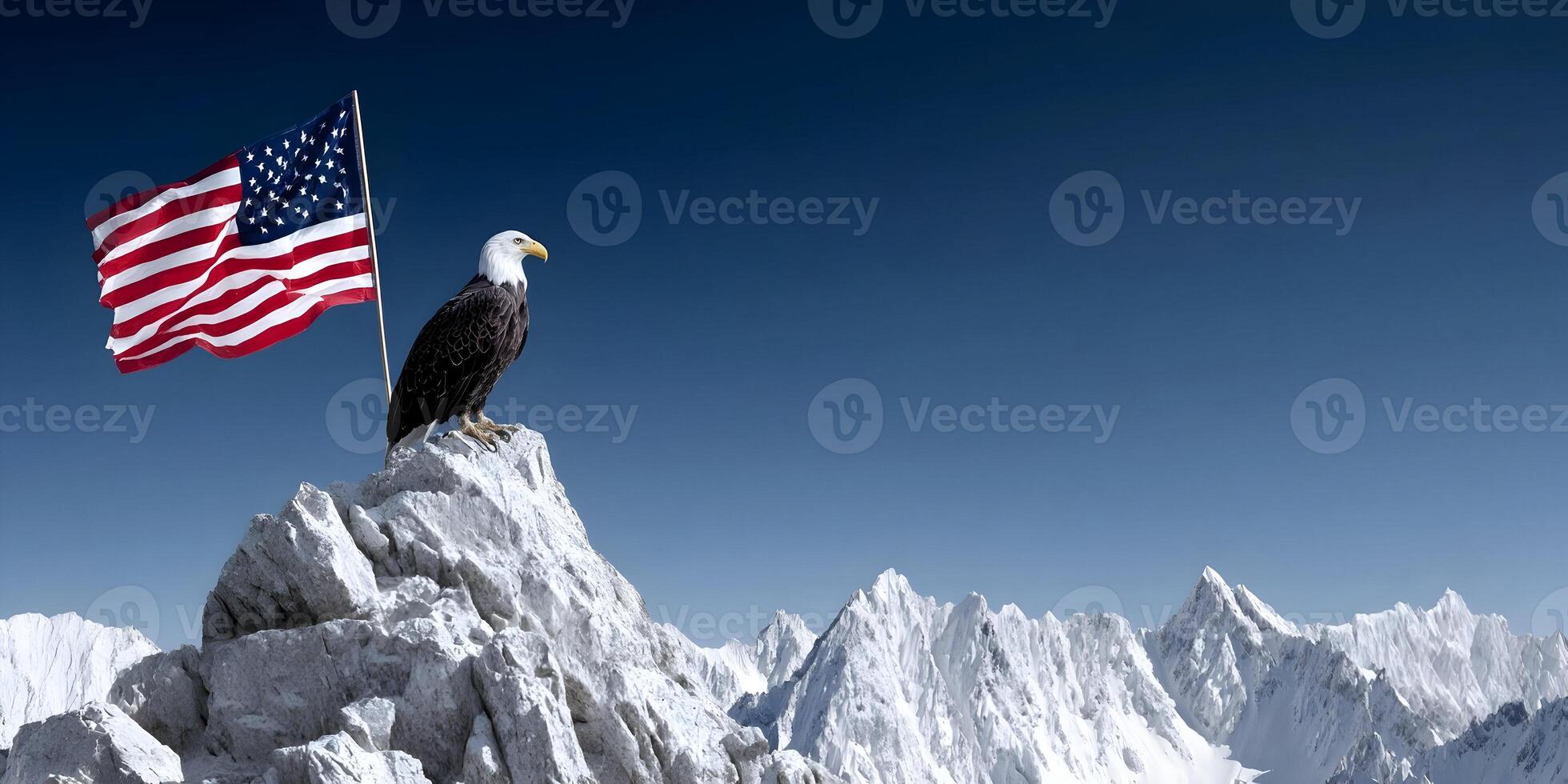 American Bald Eagle Perched on Rocky Mountain Peak with US Flag photo