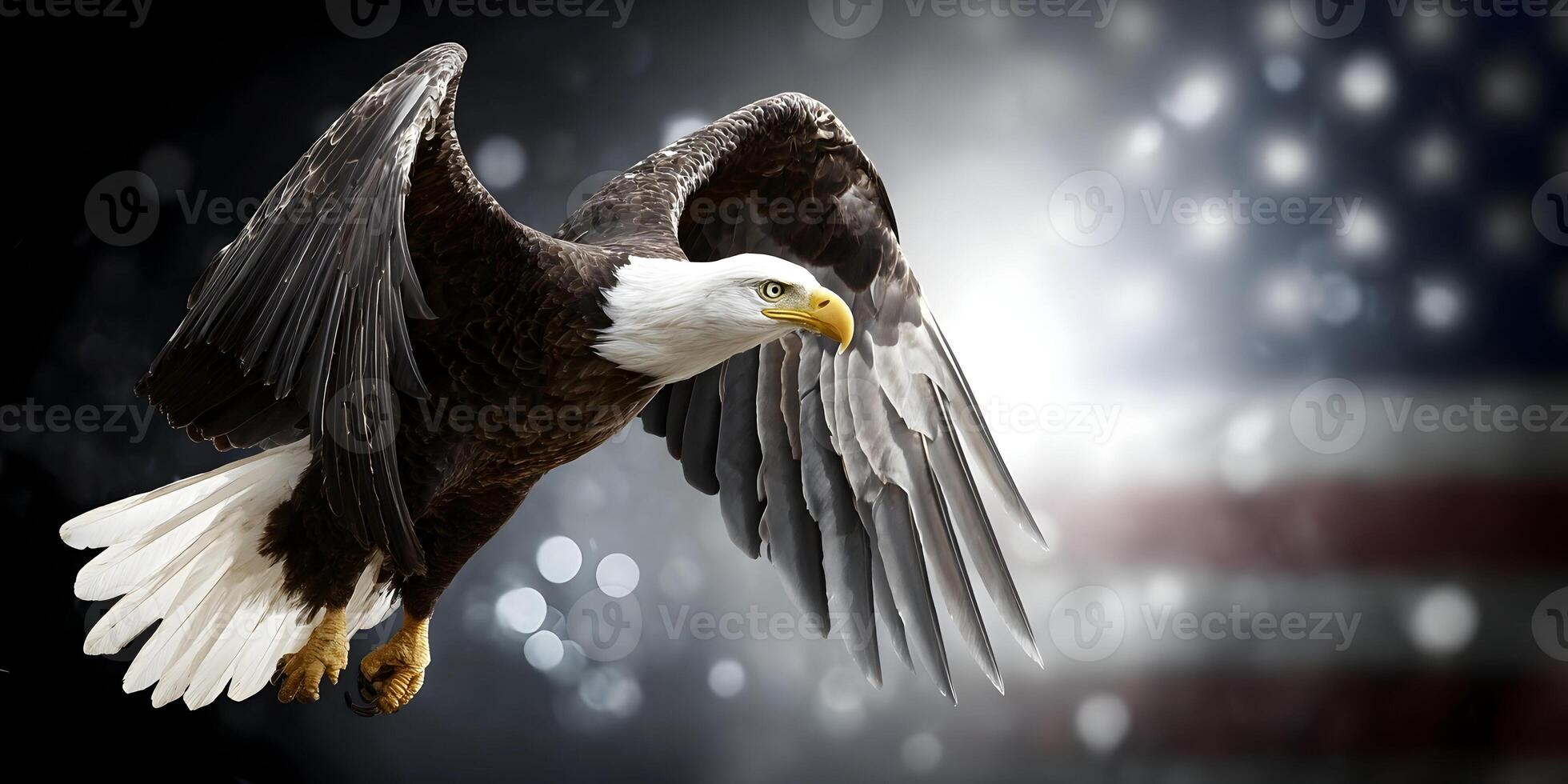American Bald Eagle in Flight with Blurred Flag Background photo