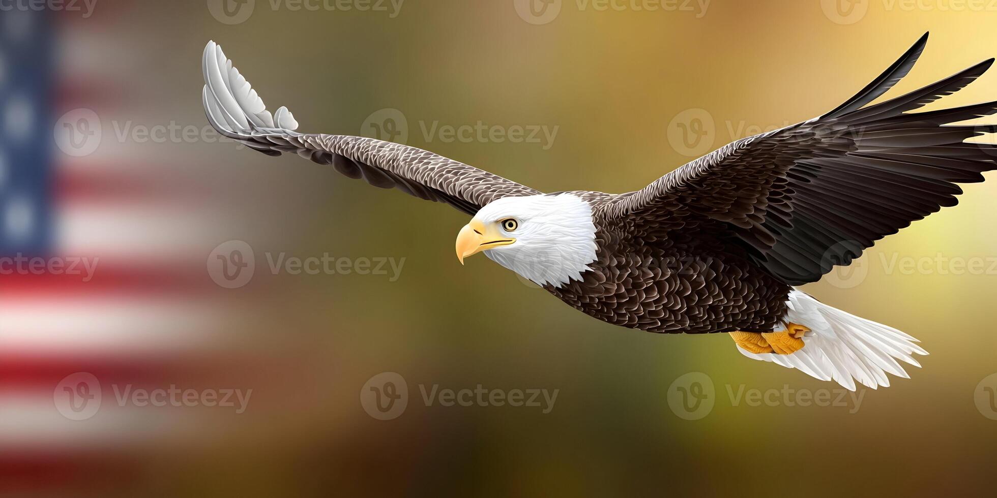 American Bald Eagle in Flight with USA Flag Background photo