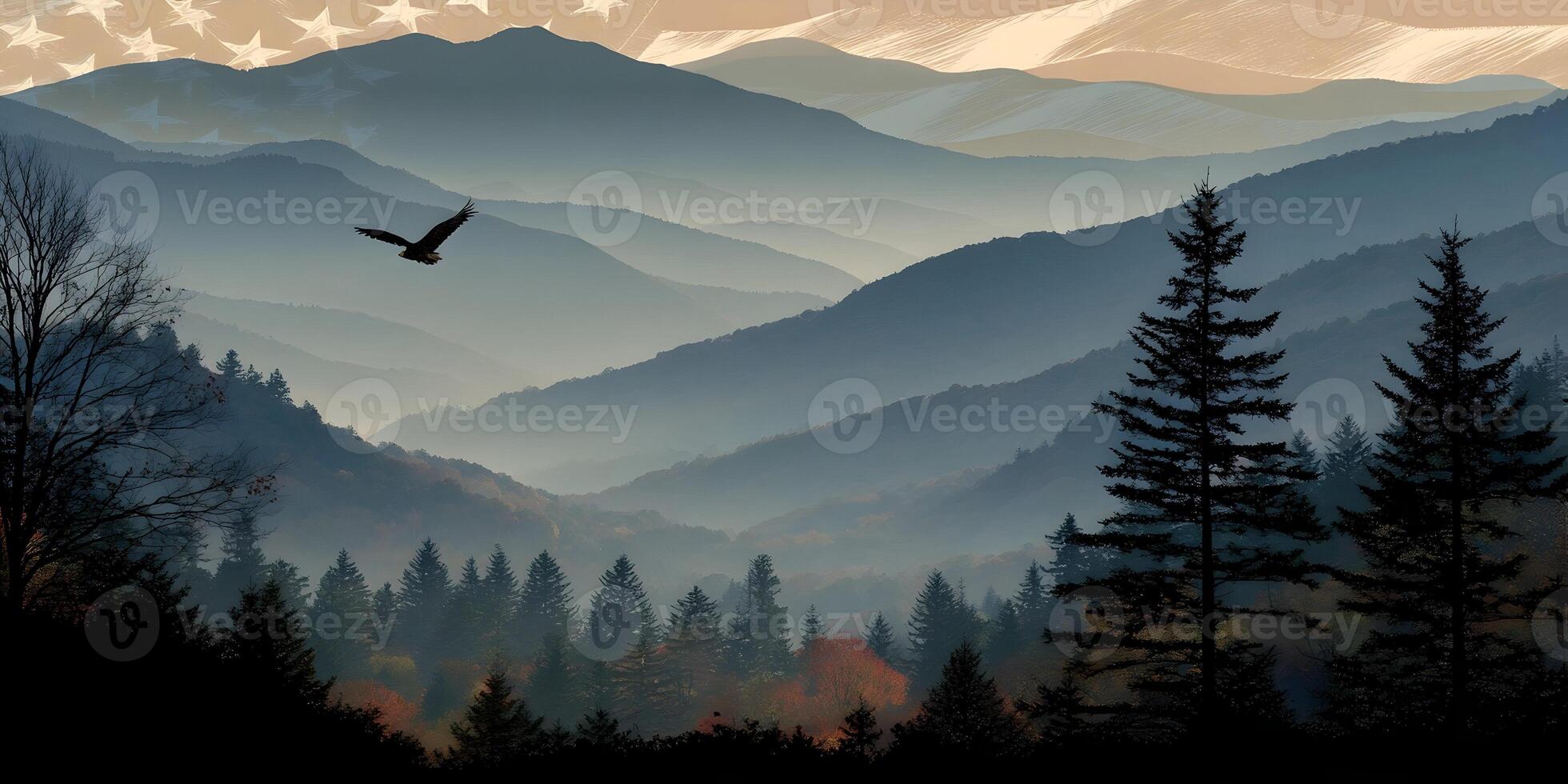 American Eagle Soaring Over Misty Mountains National Park Landscape photo