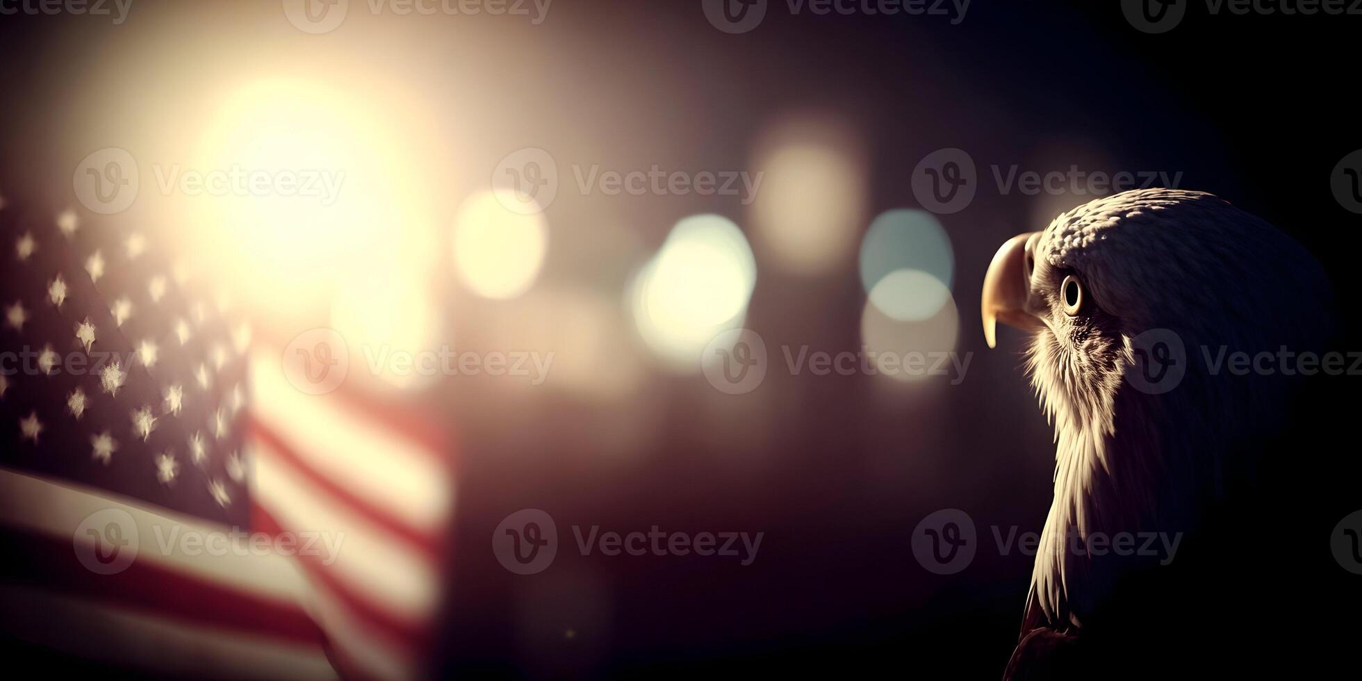 American Bald Eagle Profile with Blurred USA Flag Background photo