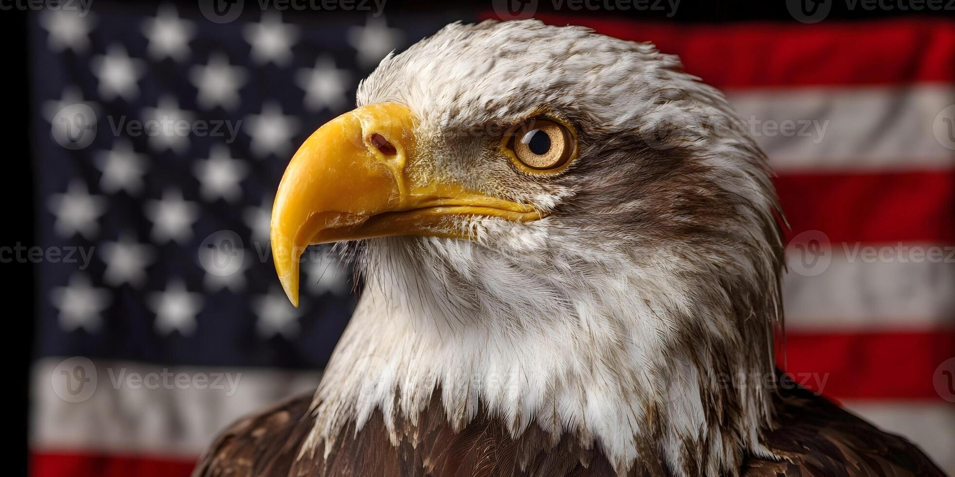 American Bald Eagle Closeup Portrait with USA Flag Background photo