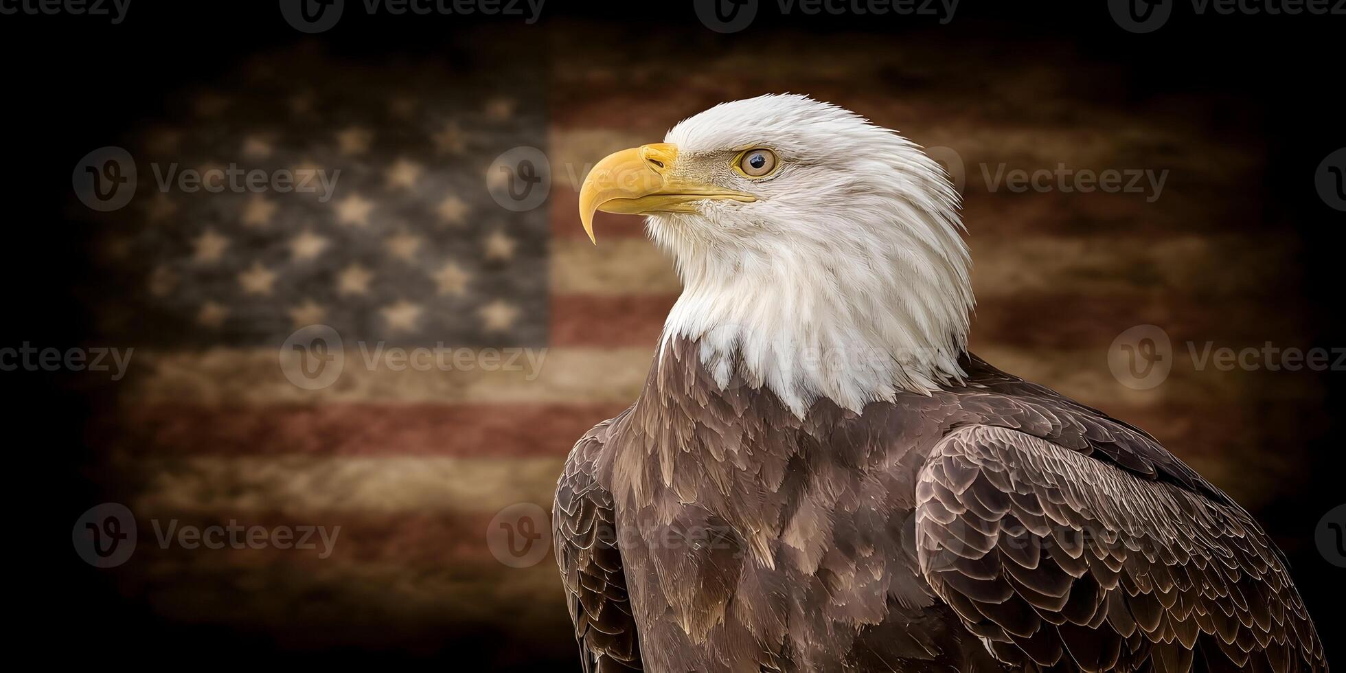 American Bald Eagle Profile View with USA Flag Background photo
