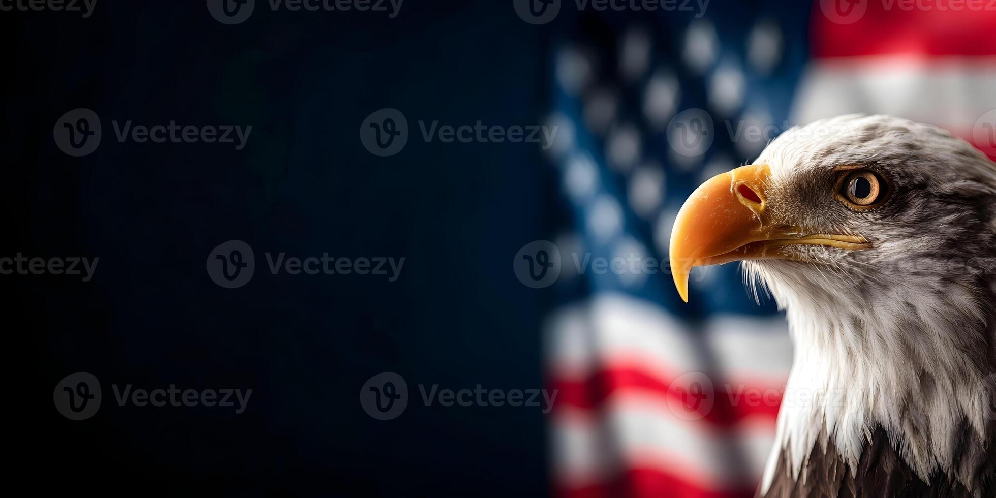American Bald Eagle Closeup Profile with Blurred USA Flag Background photo