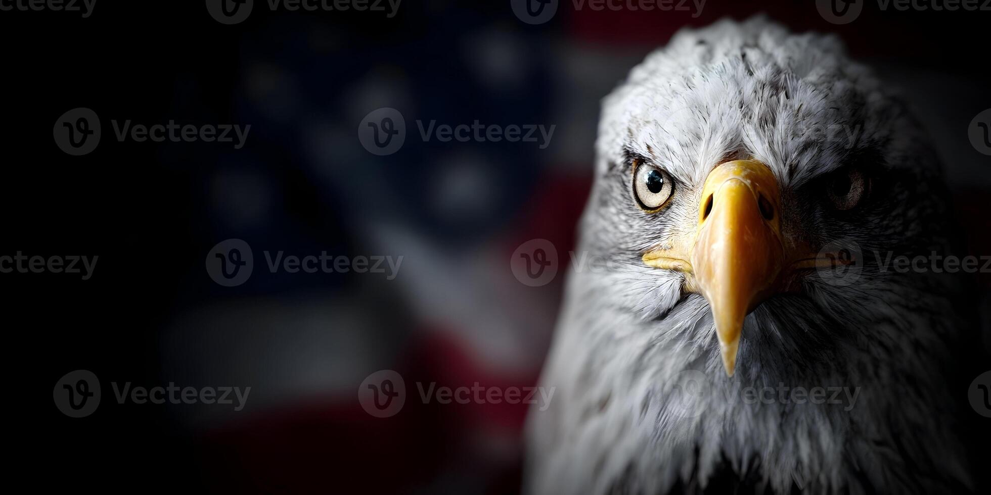 Closeup American Bald Eagle Portrait Against US Flag Background photo