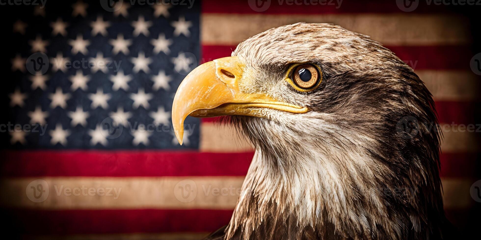American Bald Eagle Closeup Profile with USA Flag Background photo