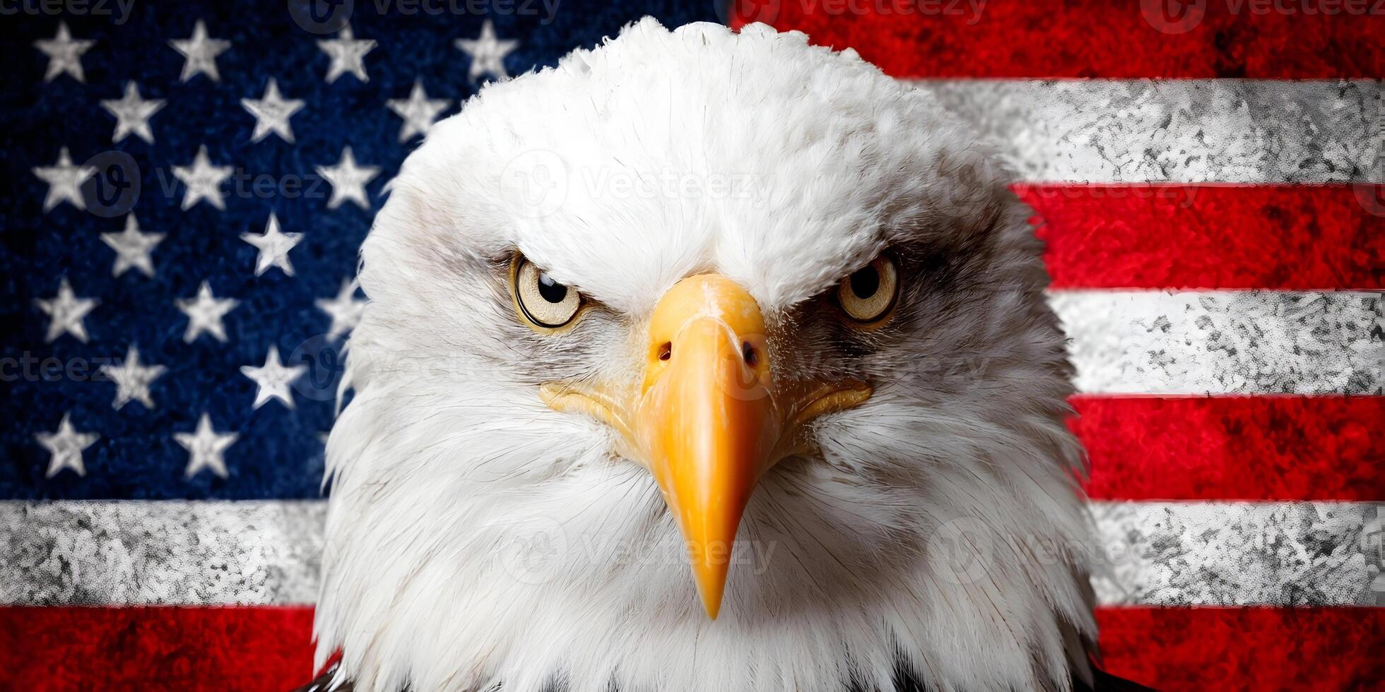 American Bald Eagle Close Up Portrait with USA Flag Background photo