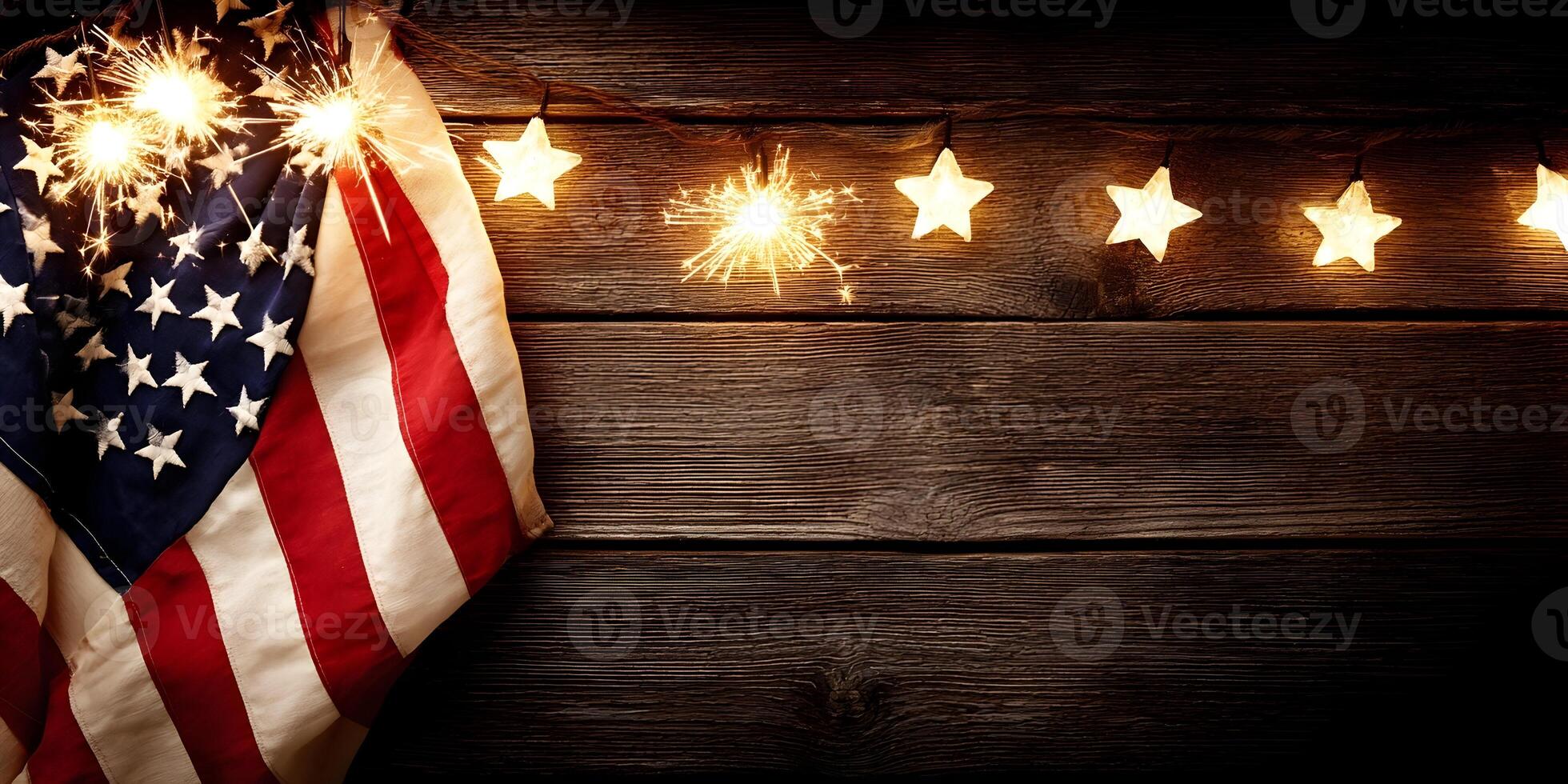 American Flag with Sparklers and Star Lights on Wood Background photo