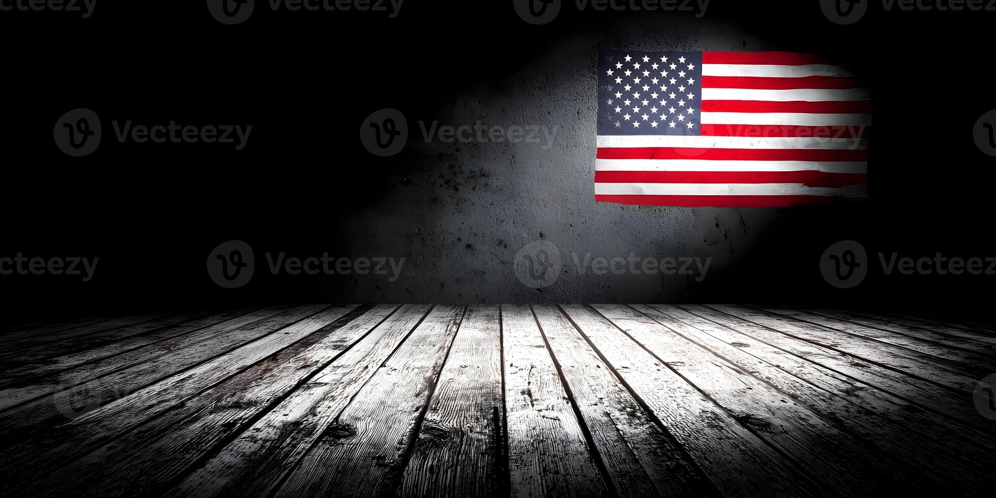 Distressed American Flag on Dark Concrete Wall with Old Wooden Floor photo