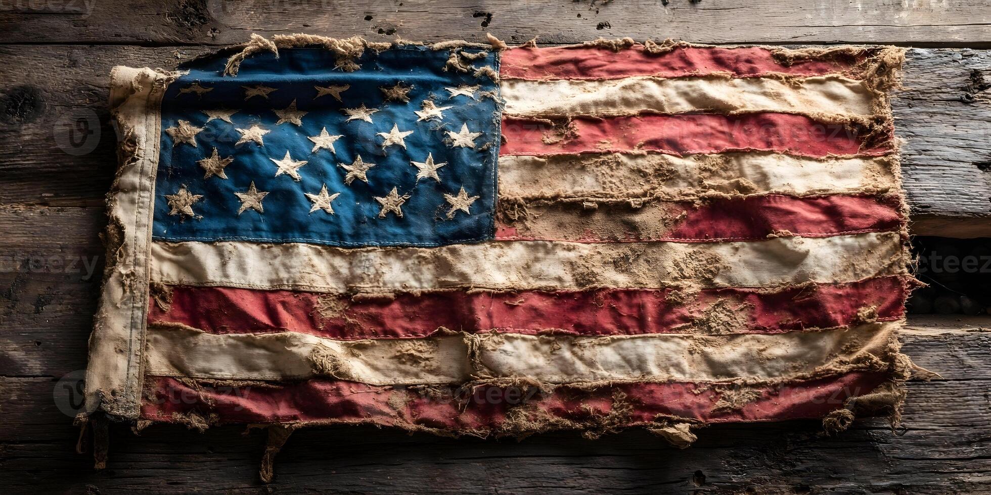 Old Torn and Dusty American Flag on Wooden Background photo