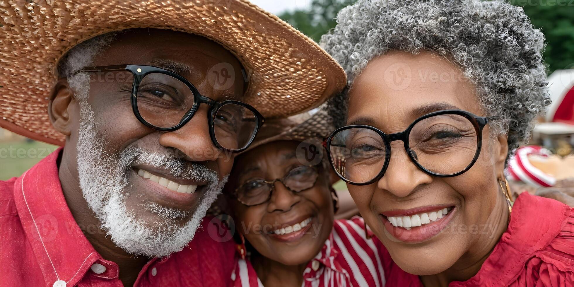 Happy African American Senior Couple and Woman Friends Smiling Close Up Outdoors photo