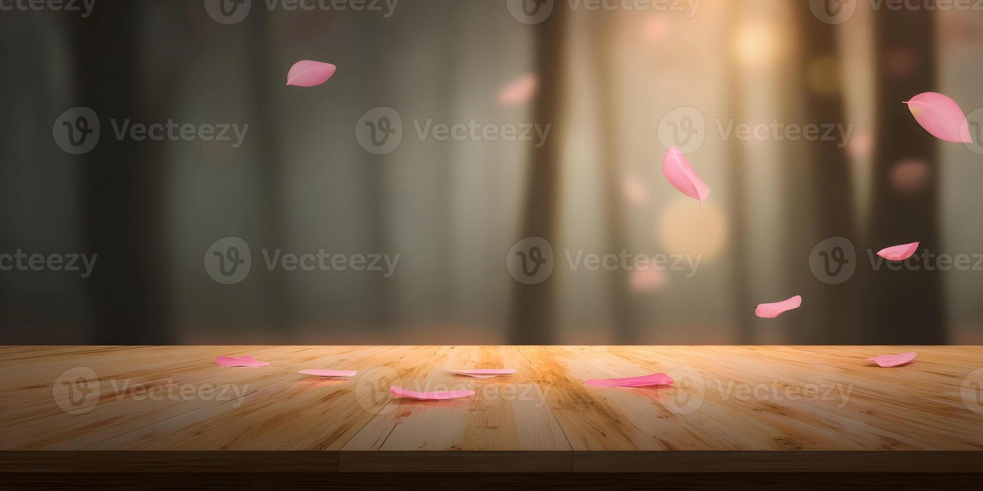 Pink Petals Falling on Wooden Table Background photo
