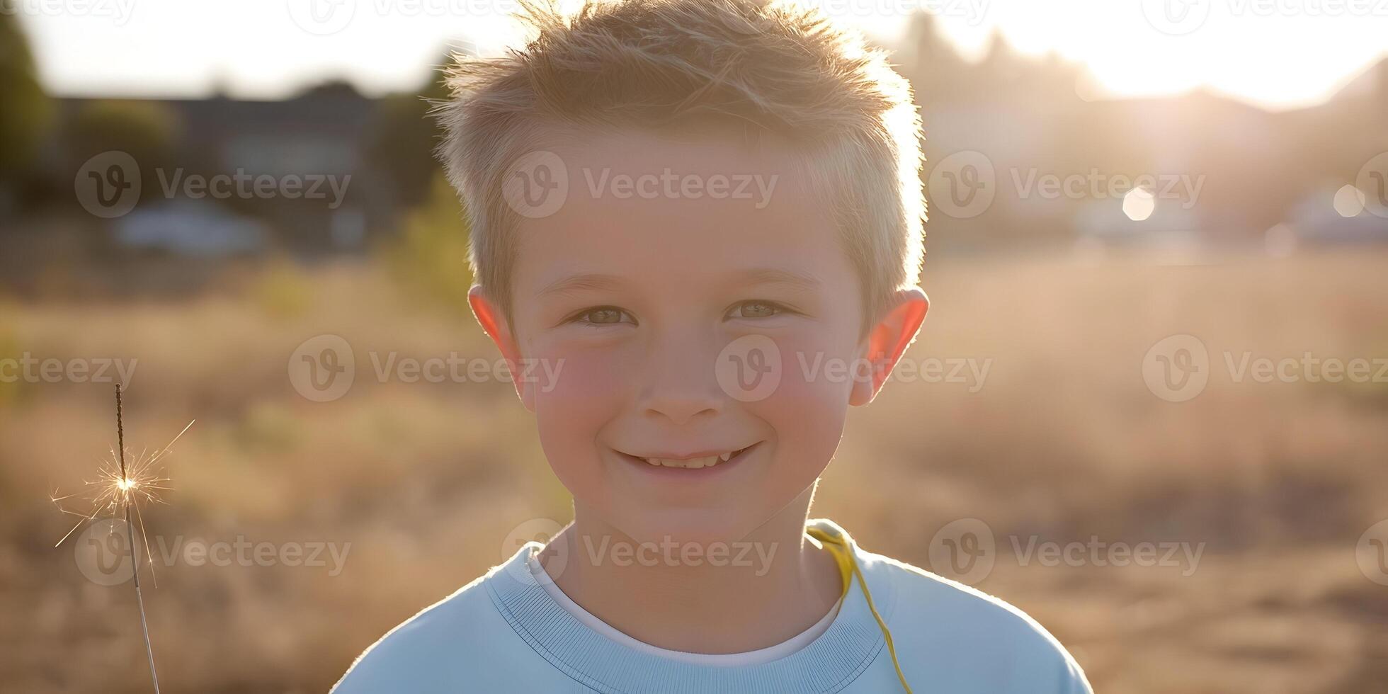 Happy Boy Holding Sparkler at Sunset Outdoors Child Portrait photo