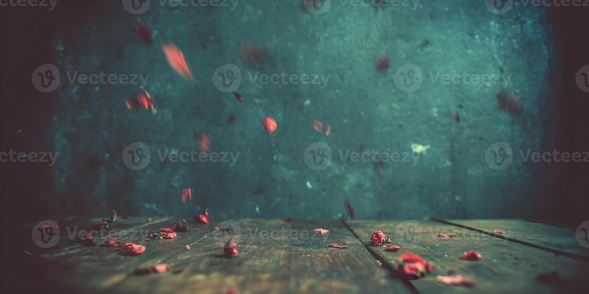 Falling Rose Petals Wooden Table Background Dark Teal photo