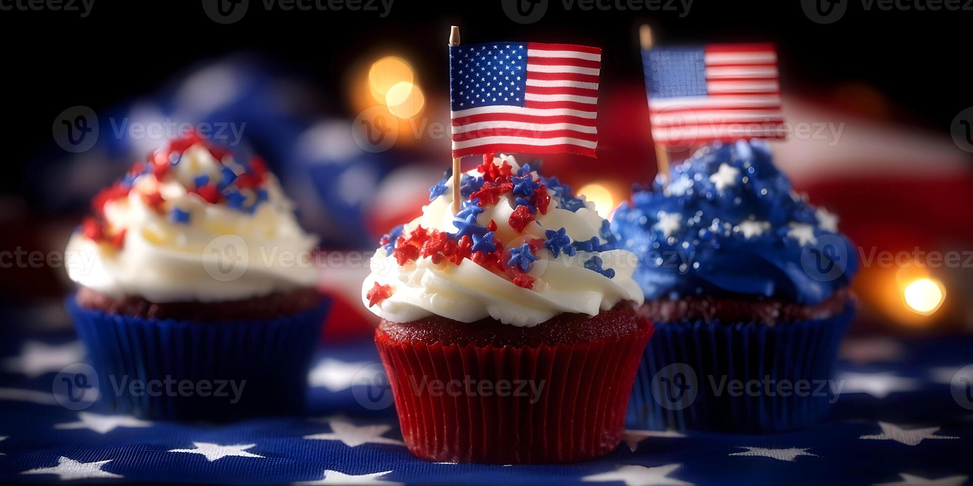 Three Red Velvet Cupcakes Decorated for July 4th with American Flags photo