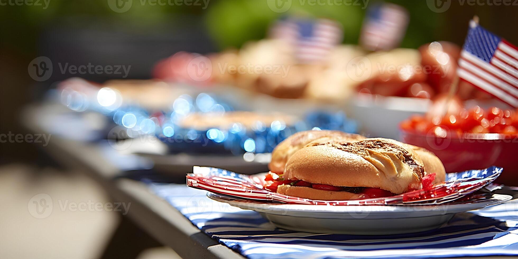Delicious Sandwiches Festive Fourth Of July Table Setting Outdoors photo