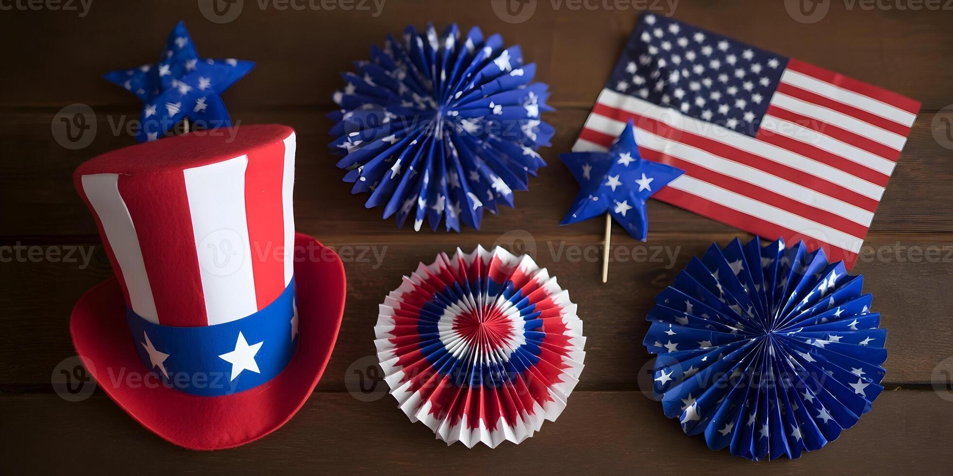 Patriotic Decoration Party Fourth Of July USA Theme Celebration Top Hat Stars Paper Fans American Flag photo