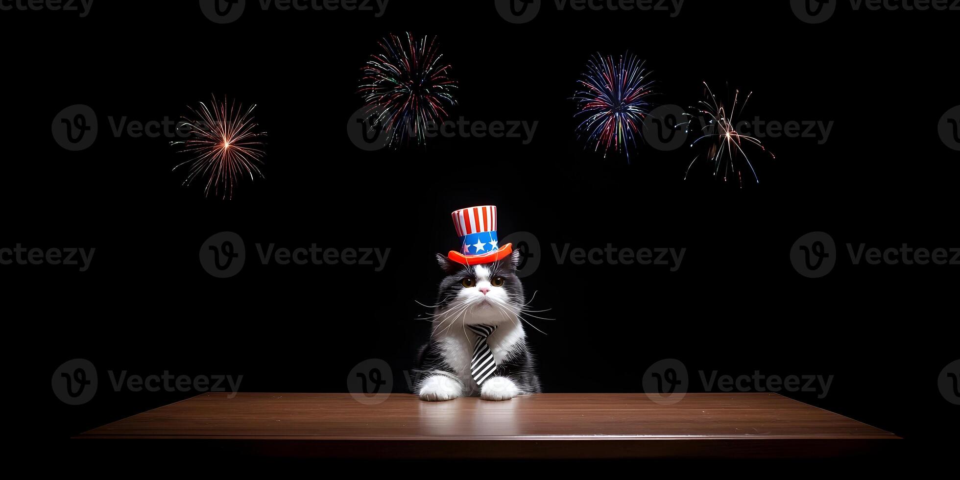 tuxedo cat wearing uncle sam hat sitting on table with fireworks background photo