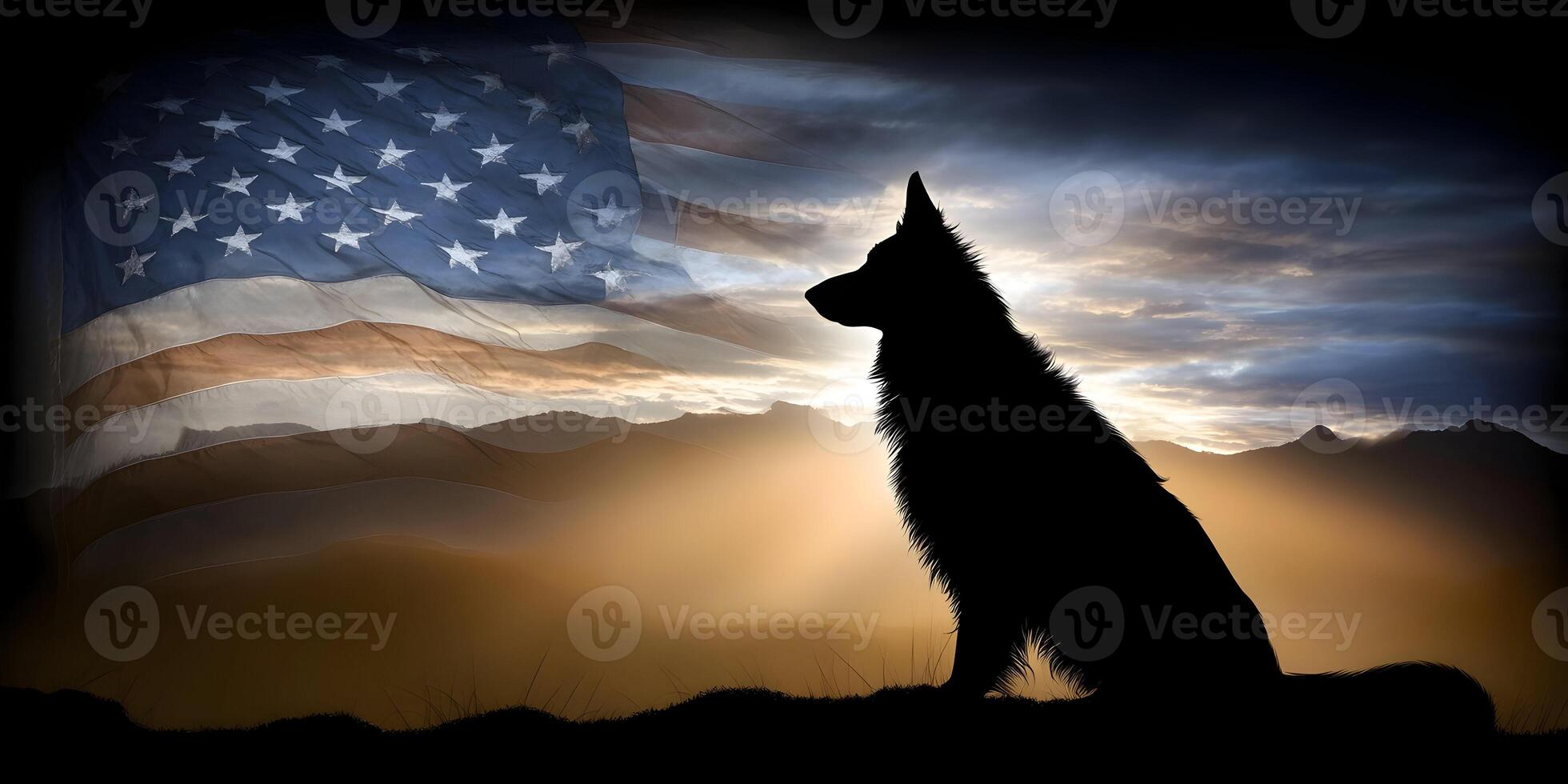 German Shepherd Silhouette American Flag Sunset Mountains Patriotism photo