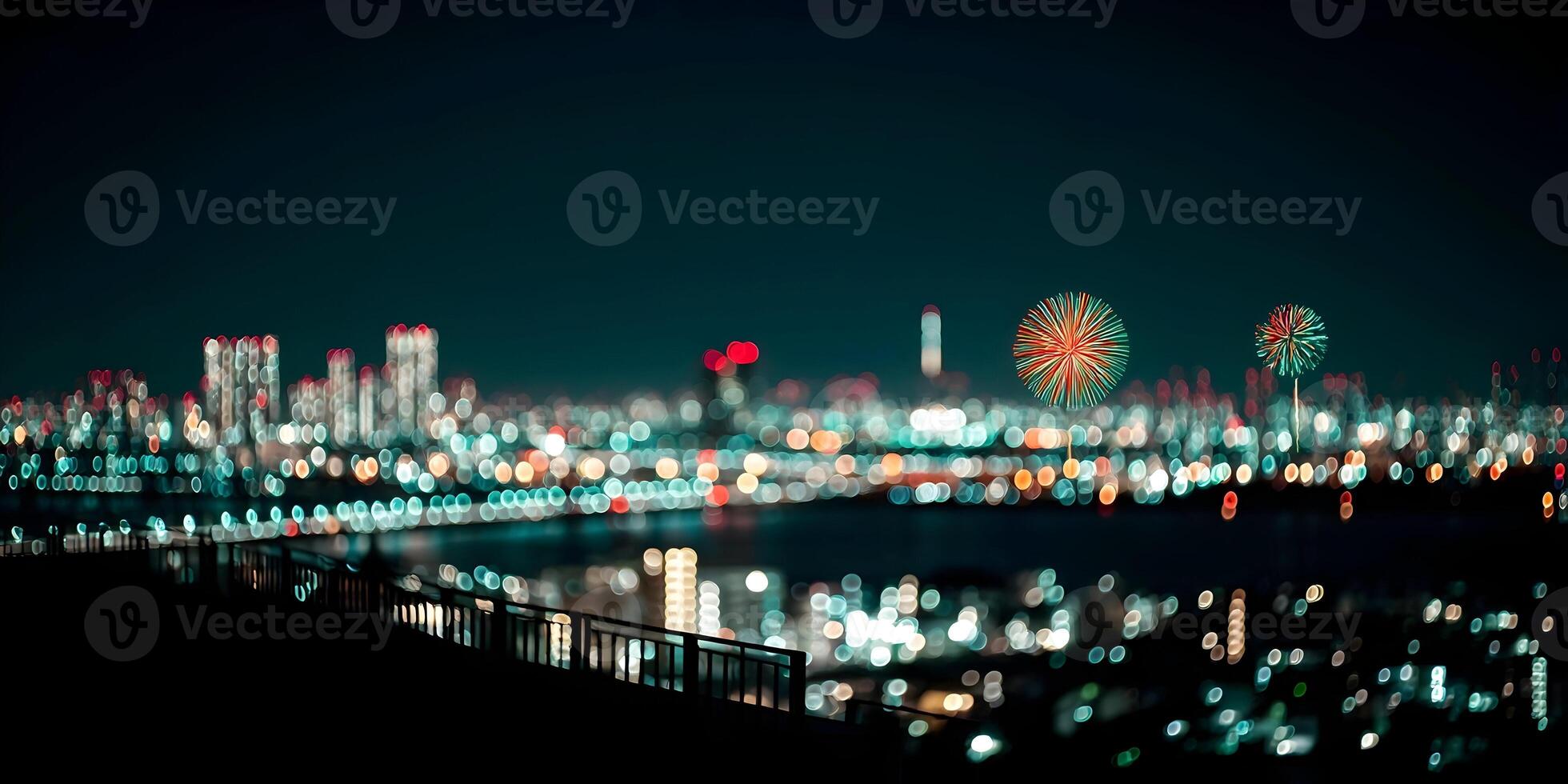Night Cityscape Fireworks Display Bokeh Lights photo