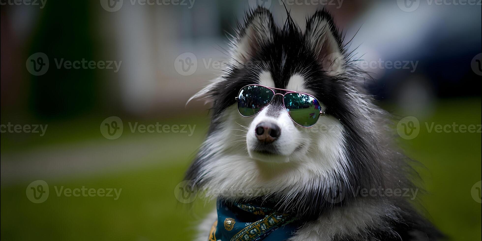 Cool Husky Dog Wearing Sunglasses and Bandana Outdoors photo
