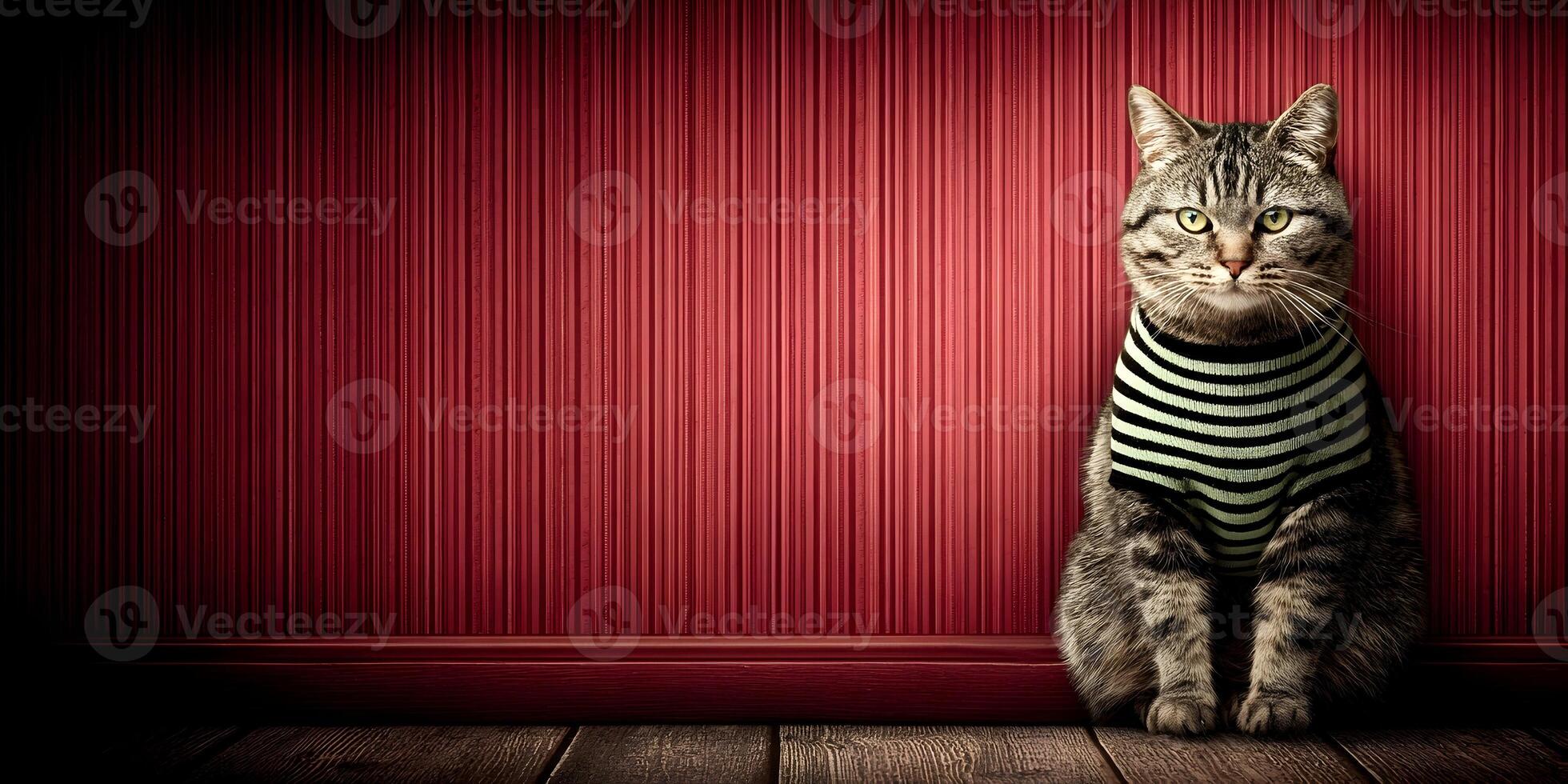 Tabby Cat Wearing Striped Sweater Against Red Wall photo