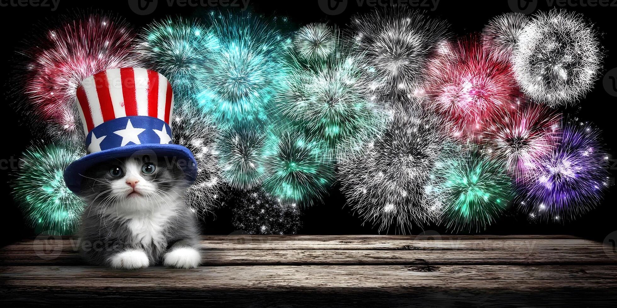 Cute Kitten Wearing Uncle Sam Hat Fireworks Background photo