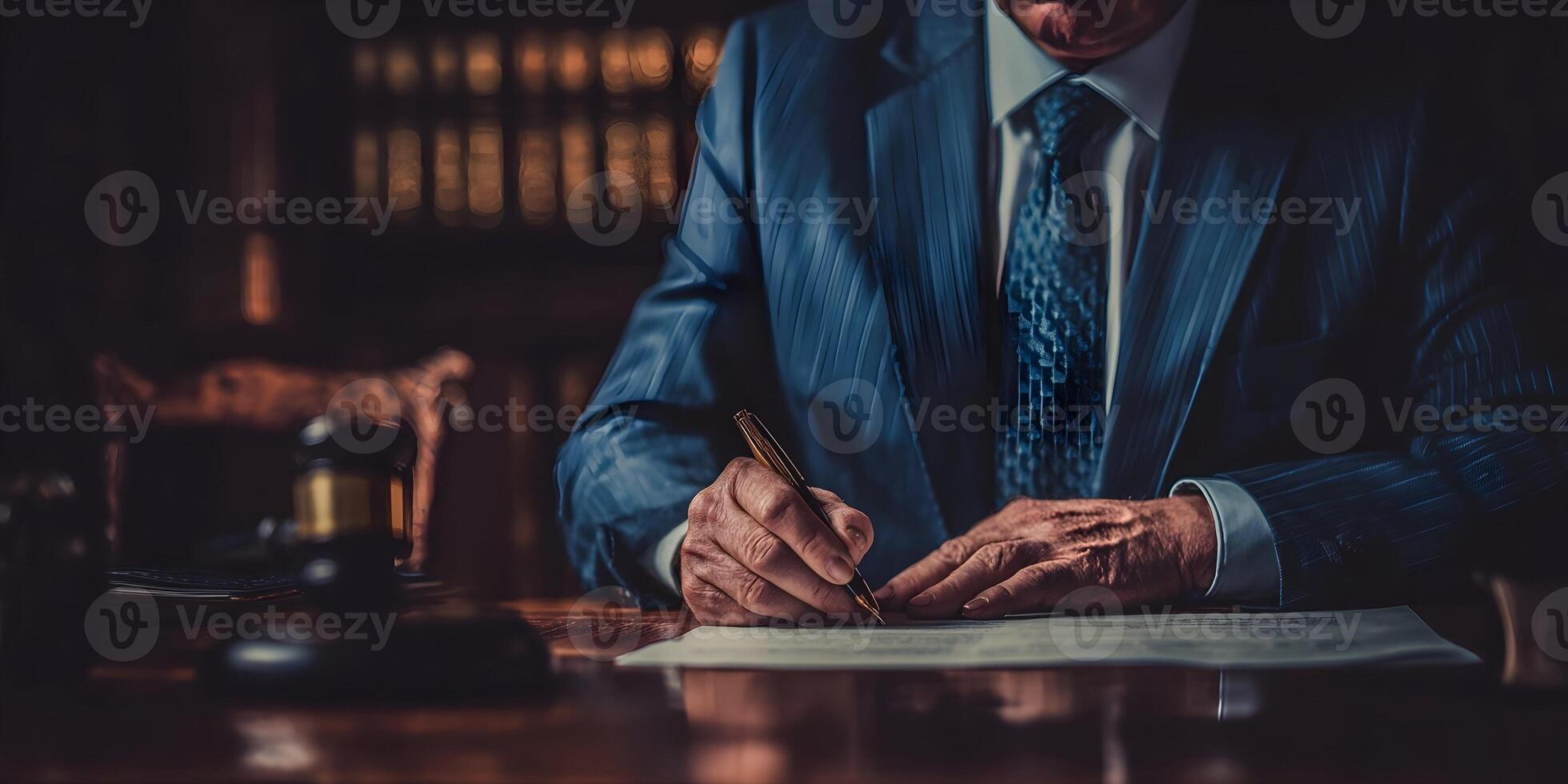 Senior Lawyer Signing Legal Document at Desk photo