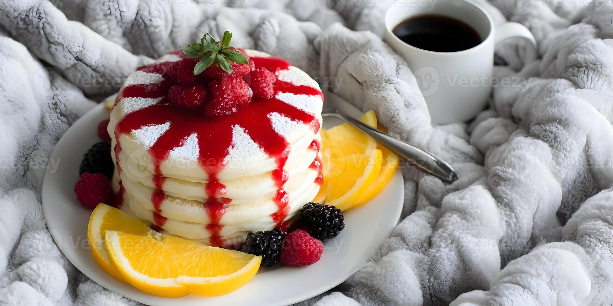 Delicious Pancakes Stack with Raspberry Sauce Orange Slices and Berries on Cozy Blanket photo
