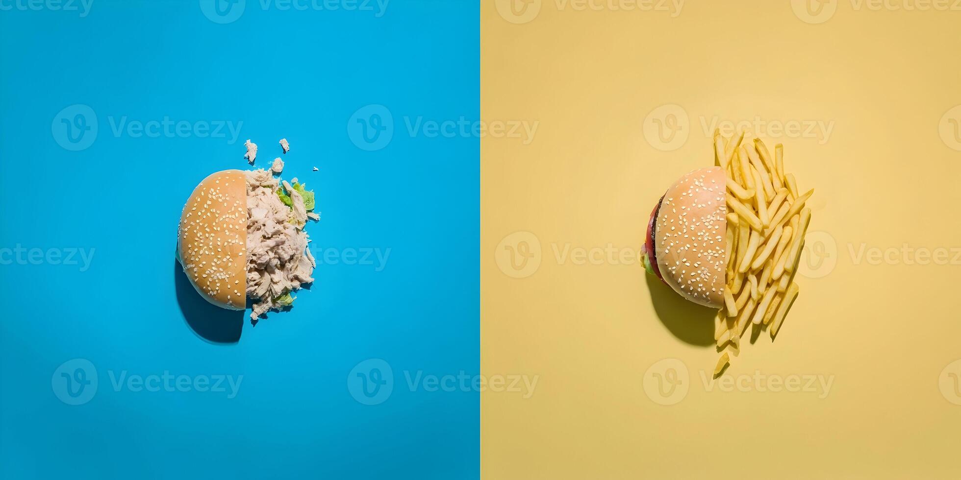 Chicken Burger and French Fries Fast Food Meal on Two Tone Background photo