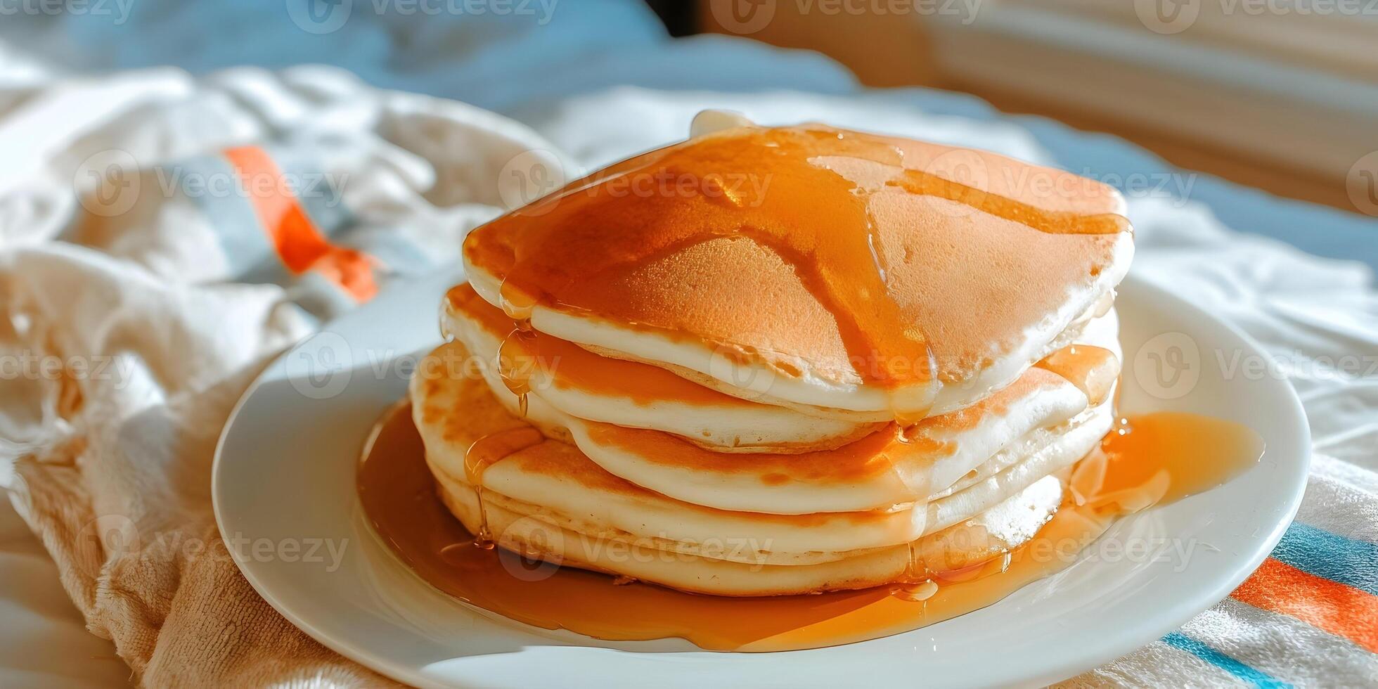 Delicious Stack of Pancakes with Maple Syrup on White Plate Breakfast Food Photography photo
