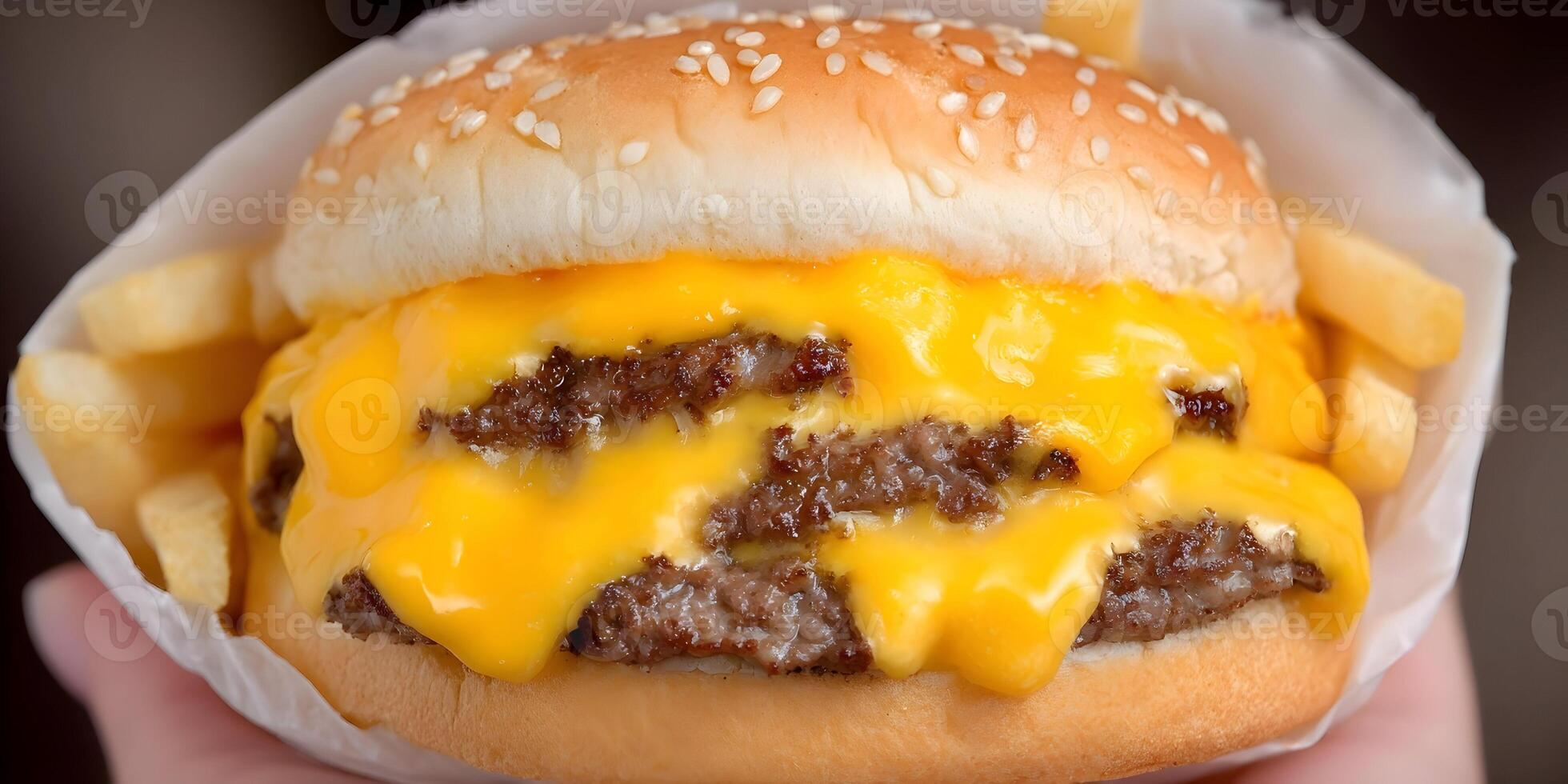 Juicy Double Cheeseburger with Melted Cheese and French Fries photo
