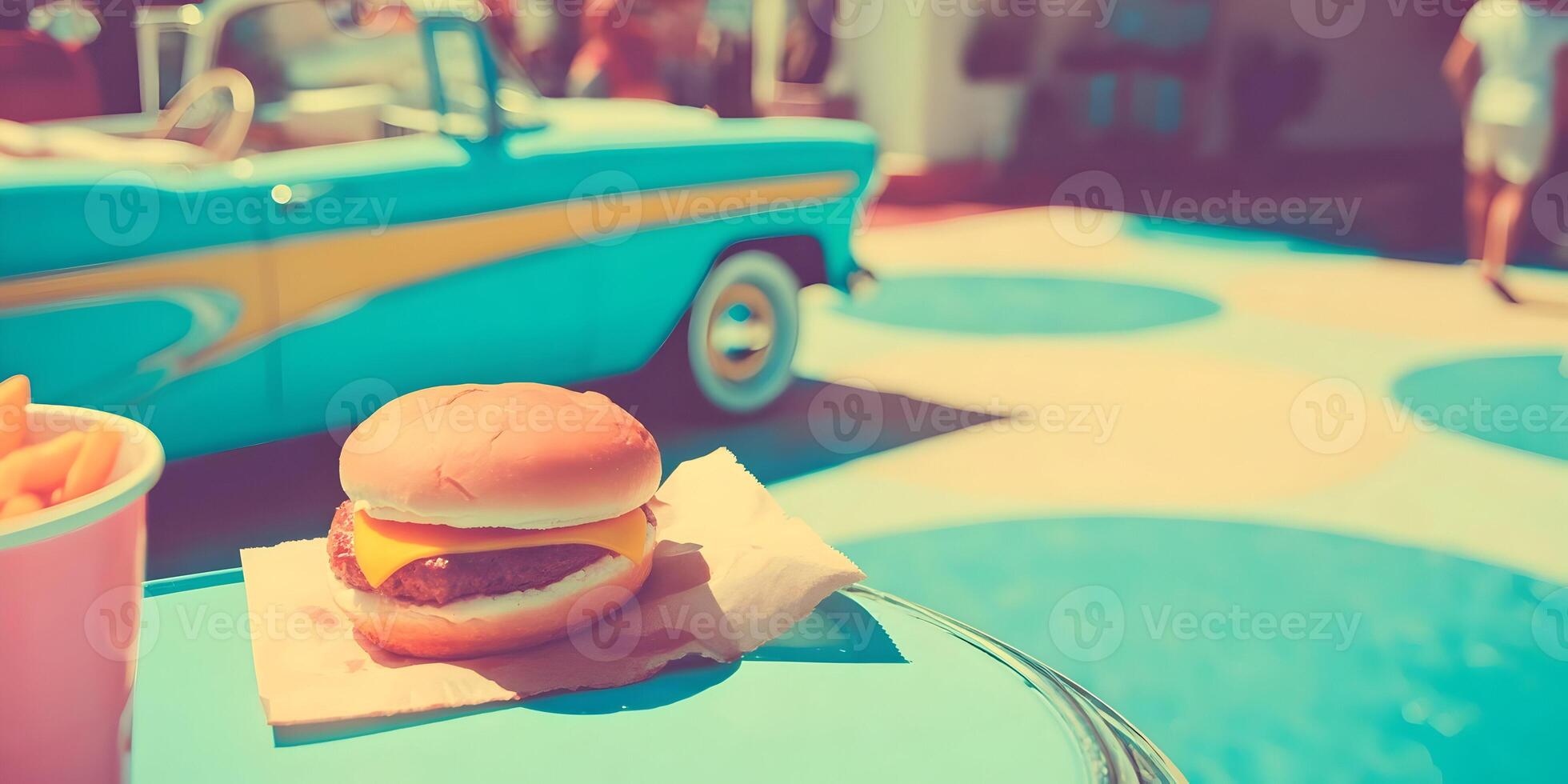 Cheeseburger and Fries by Retro Car Summer Day Scene photo