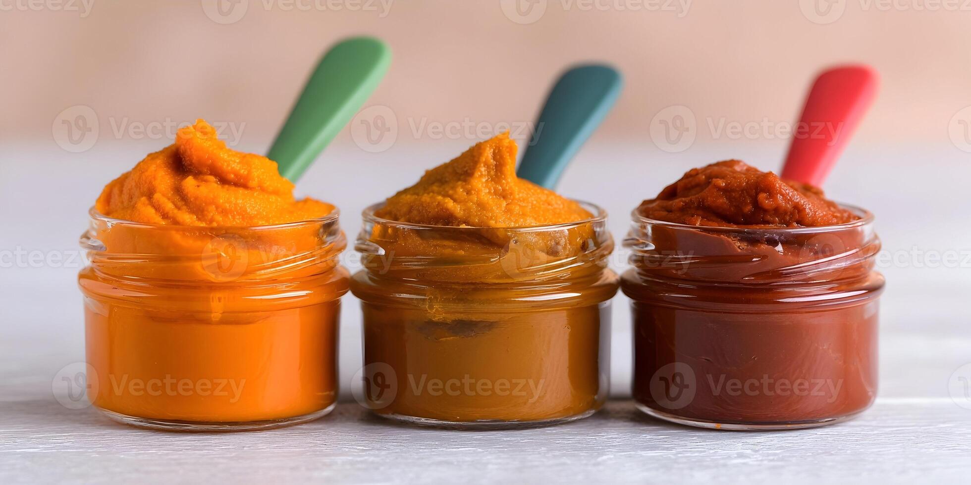 Three Jars of Baby Food Puree Orange Carrot Pumpkin Sweet Potato photo