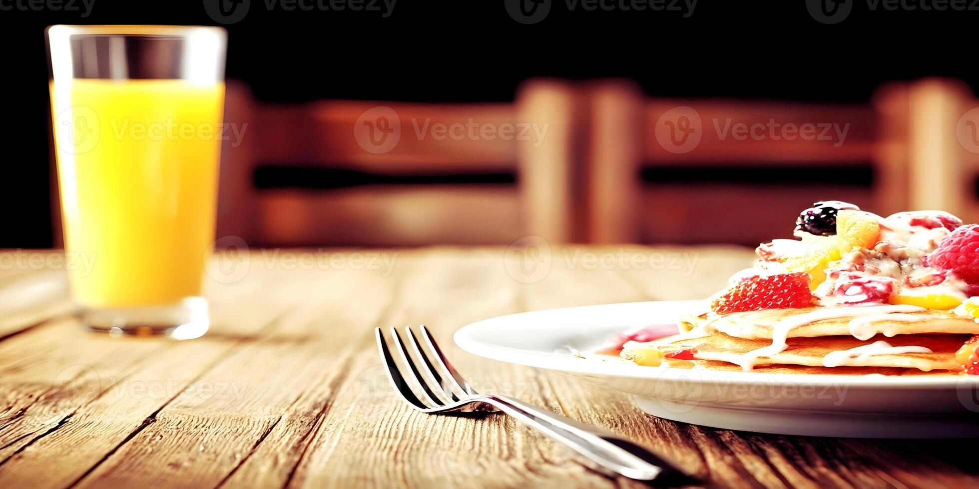Delicious Pancakes with Mixed Berries and Cream on Wooden Table with Orange Juice photo