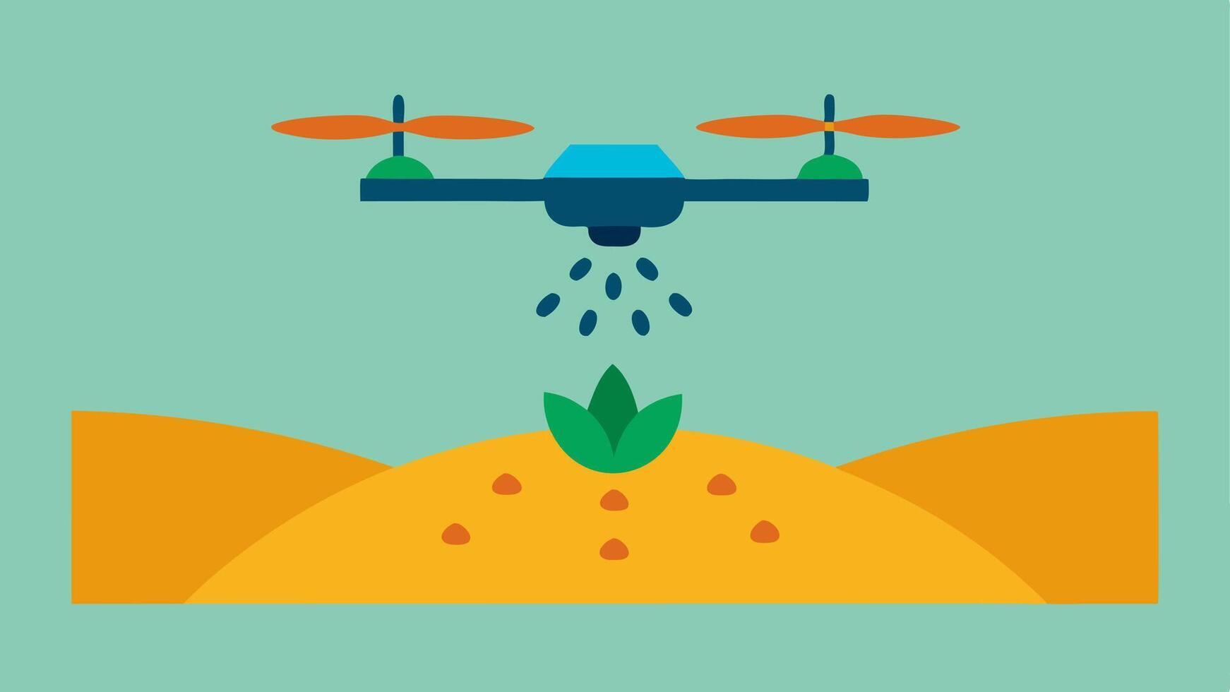 Seeding Drone A drone is releasing seeds into the ground while flying over a farm showing an innovative approach to planting without tillage.. vector