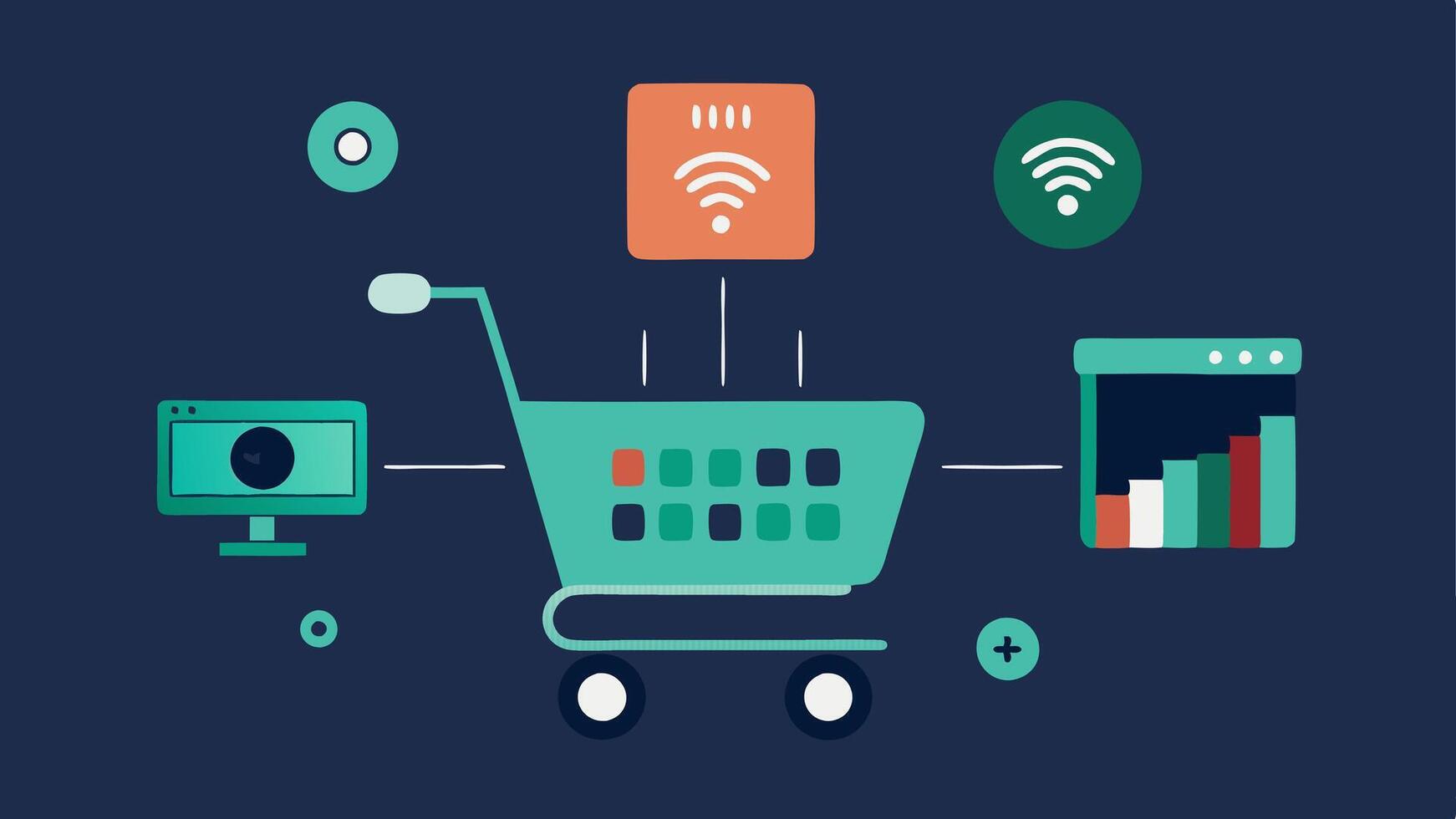 Shopping Cart with Sensors A shopping cart loaded with items featuring a digital screen that displays the total cost as the user adds products. The cart is highlighted with tiny. vector