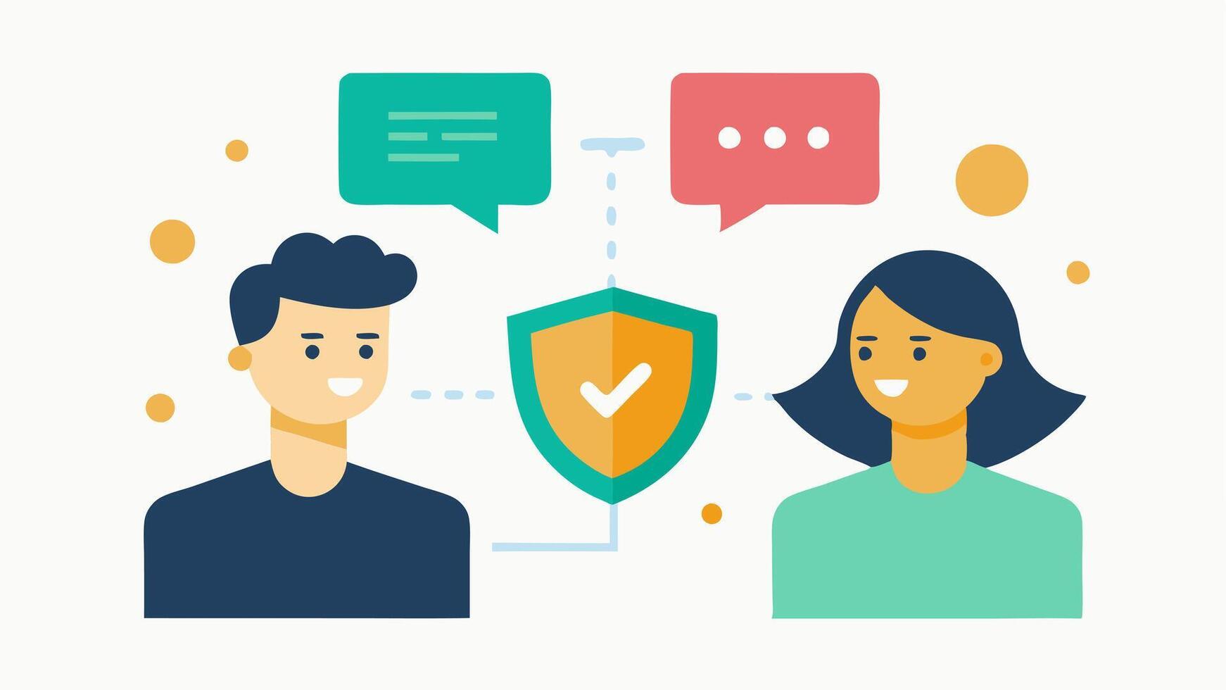 Secure Chat An illustration of two users engaged in a secure chat with a shield and blockchain symbol above their heads to indicate encrypted communication linked to their digital. vector