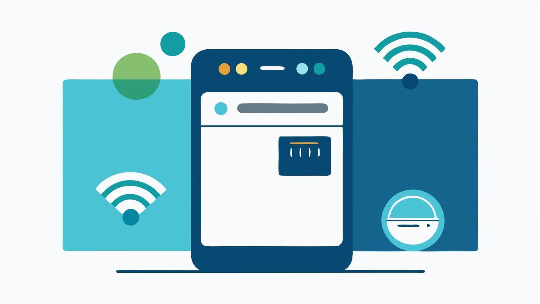 Smart Dishwasher A dishwasher with a visible panel that includes smart features like energy usage tracking and cycle selection via an app.. vector