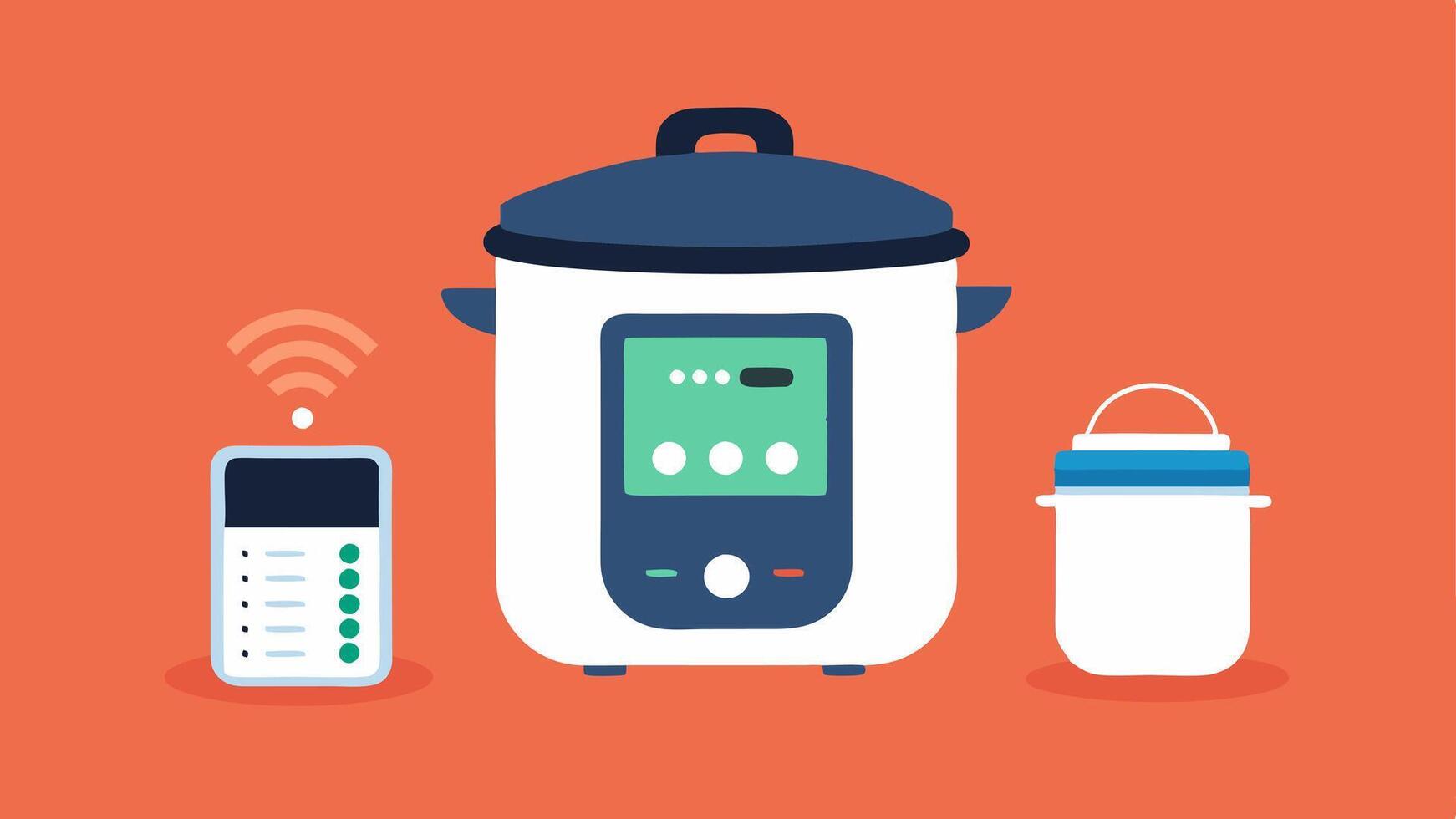 Smart Instant Pot An instant cooking pot with a digital interface displaying cooking times and options alongside an app controlling its functions remotely.. vector