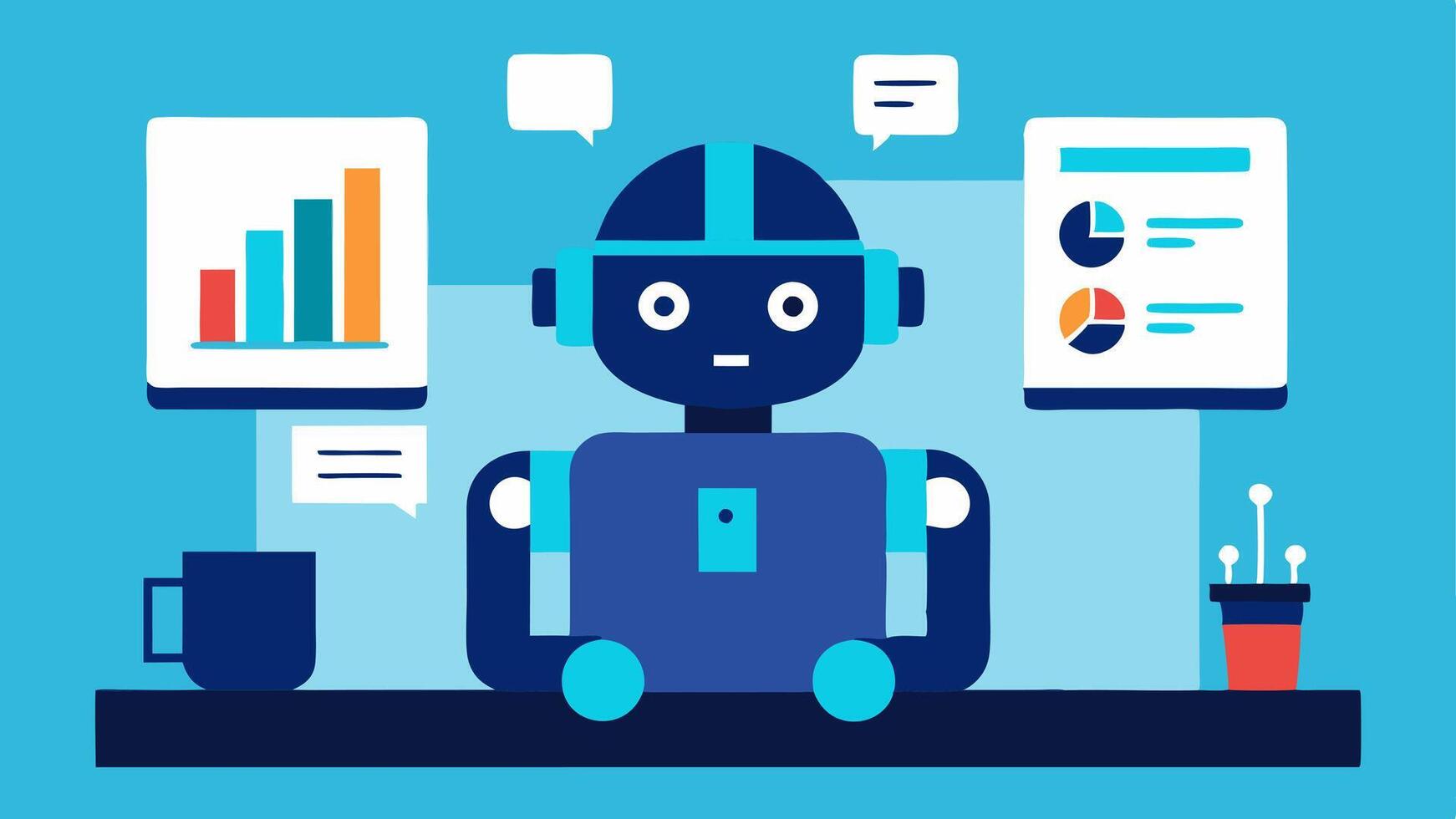 Robot Analyzer A friendly robot sitting at a desk examining various digital screens filled with graphs customer feedback and demographic statistics.. vector