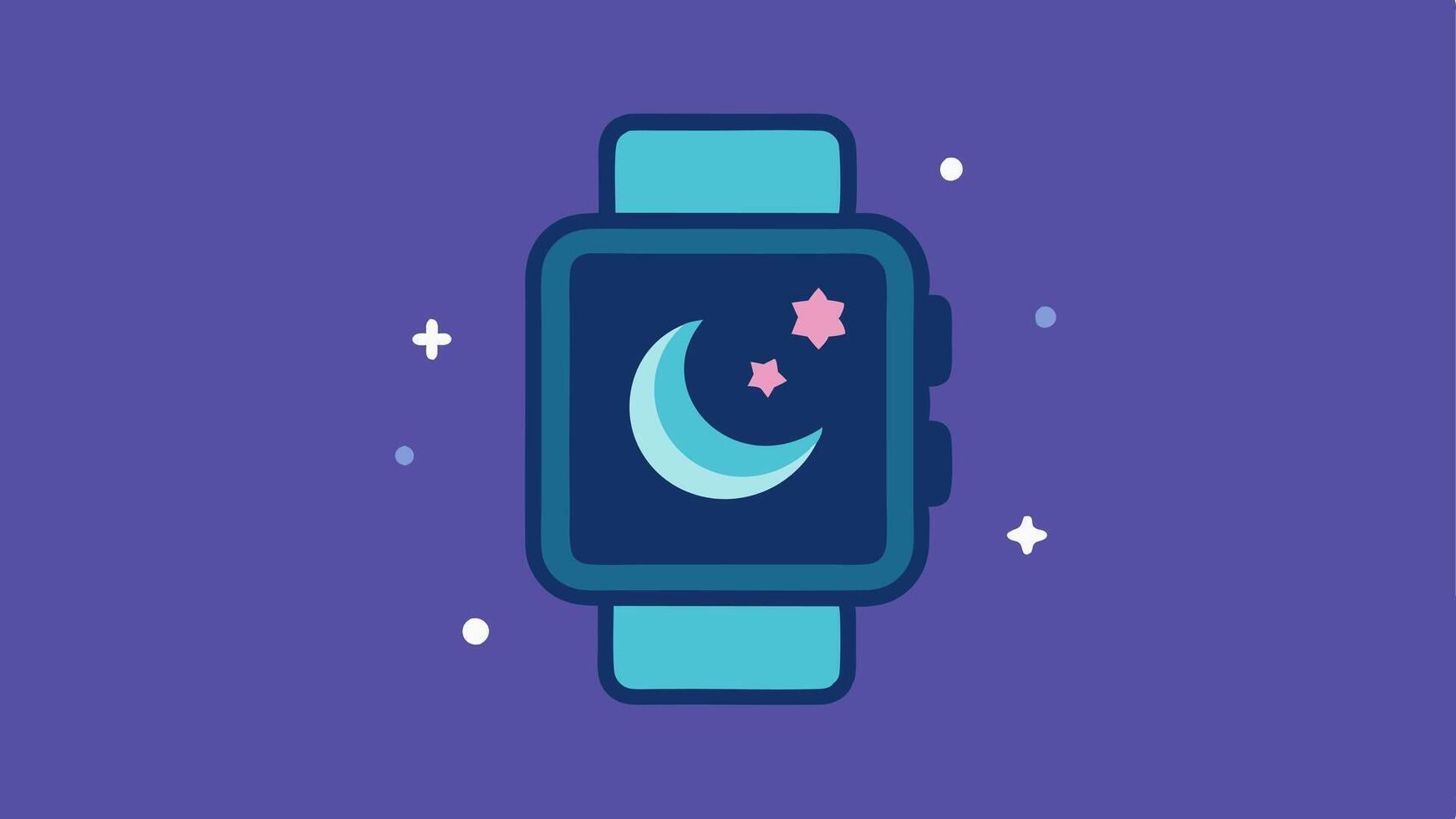 Smarch Tracking Sleep A modern smarch on a wrist displaying a sleep tracking graph with a crescent moon icon and stars detailing sleep quality.. vector