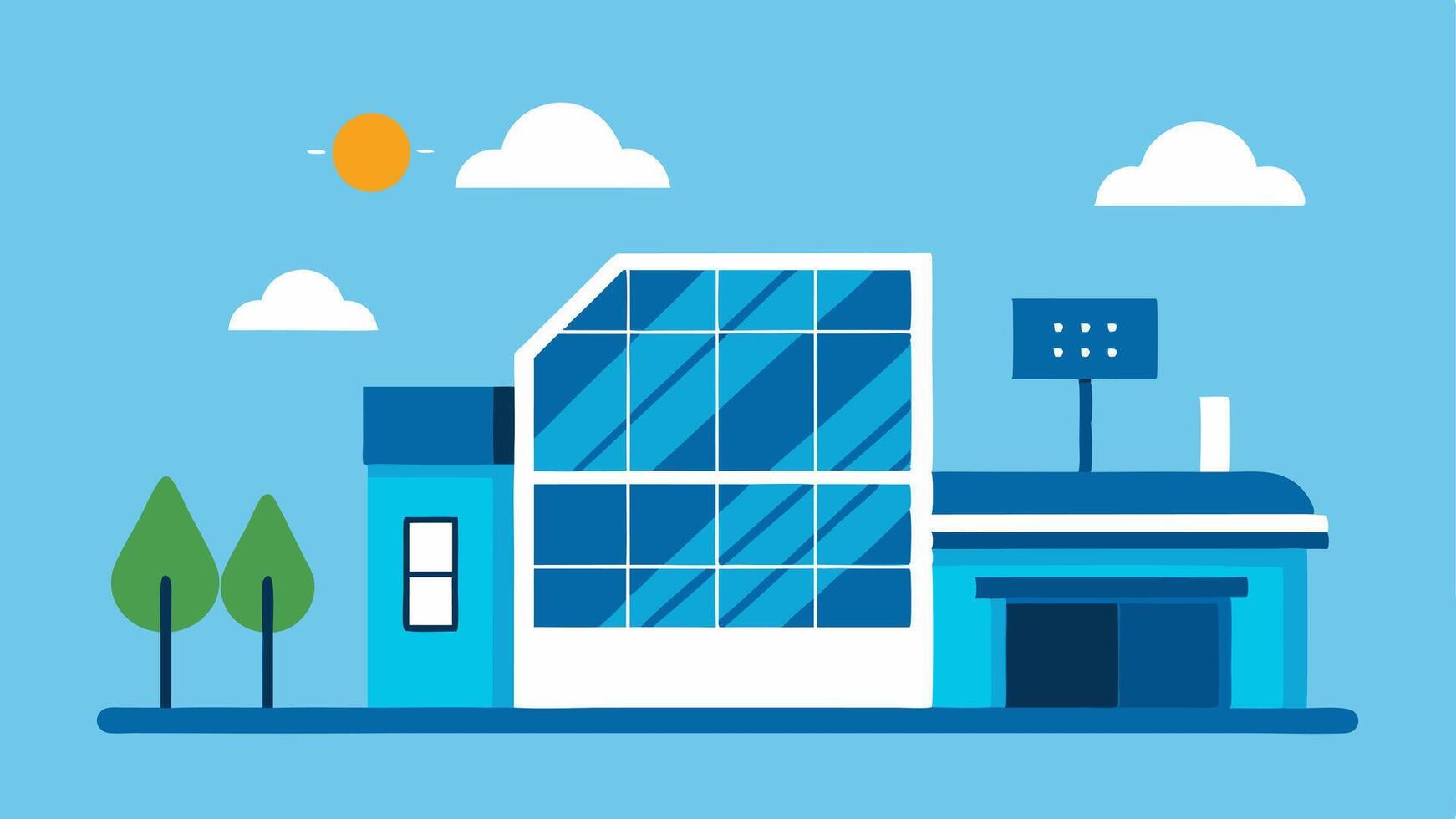 Renewable Energy Integration A drawing of a building with solar panels and smart glass depicting how smart glass works together with renewable technologies to reduce. vector