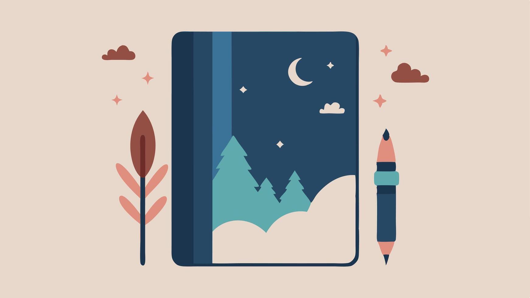 ScreenFree Journal A closed beautifully designed journal with a quill pen resting on it. The cover features doodles of trees mountains and stars emphasizing mindfulness and. vector
