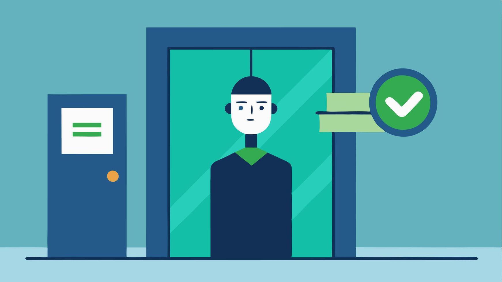 Security Portal A sleek modern entrance with a facial recognition scanner above a doorway showing a users face being scanned in realtime with a green checkmark indicating. vector